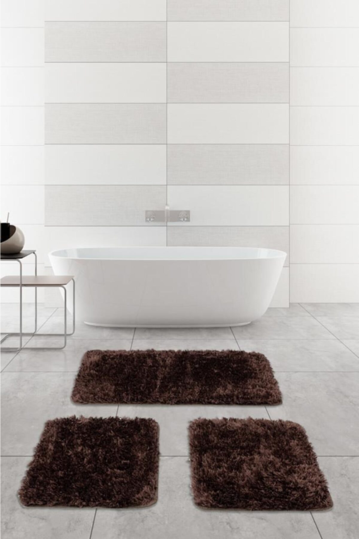 EUROBANO Home Doğal Kaymaz Taban Yıkanabilir Kahve Yumoş 3’lü Banyo Halısı Paspas