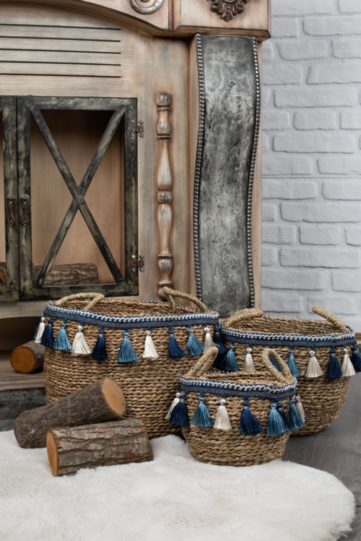 M&K Home Hasır Küçük Boy Tekli Yuvarlak Kulplu Püsküllü Saksı Çiçek Ağaç Bitki Saksısı Dekoratif Natural