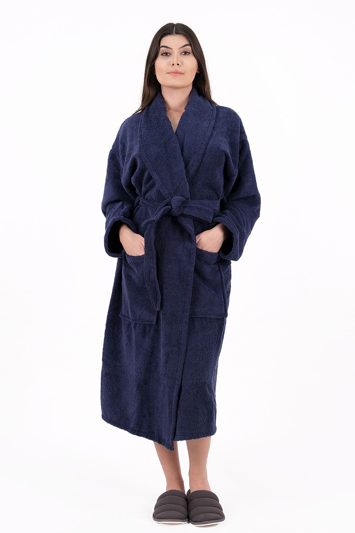 MODELHOME %100 Pamuklu Bukle Şalyaka Lacivert Renkli (M-L-XL-2XL-3XL-4XL) Büyük / Battal Beden Mavi Bornoz