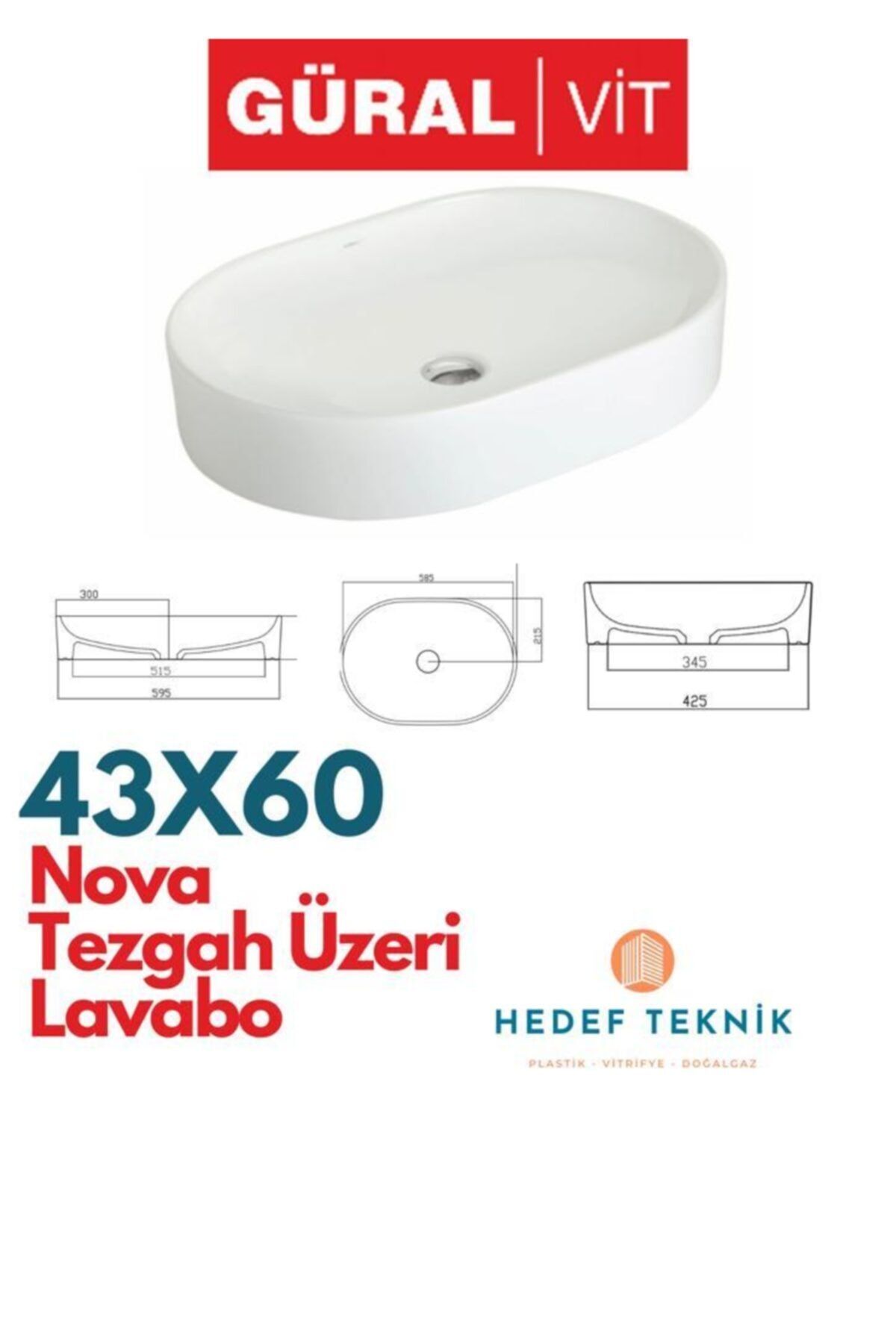 GÜRAL VİT Nova Deliksiz Mobilya Üstü Lavabo 43x60