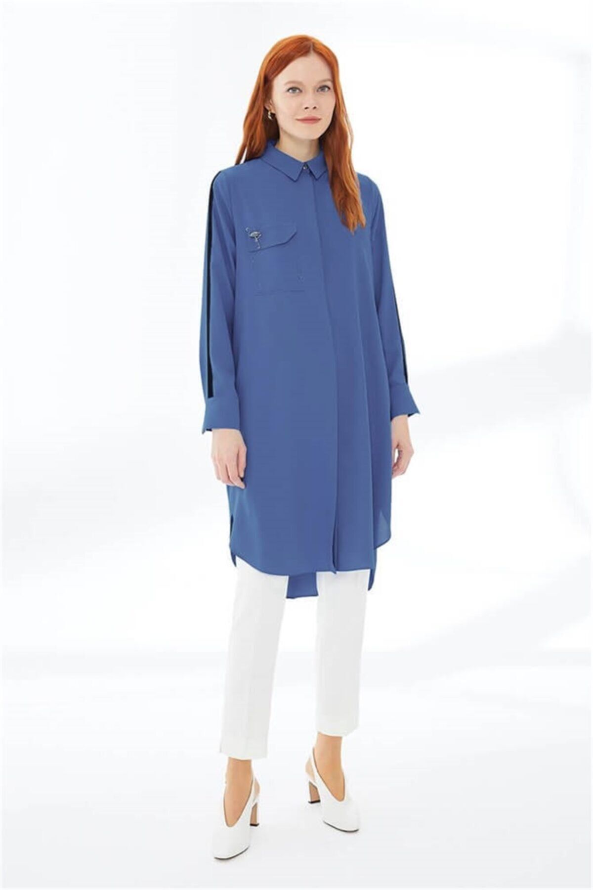 Zühre Kolları Şerit Ve Broş Detaylı Indigo Tunik T-0978