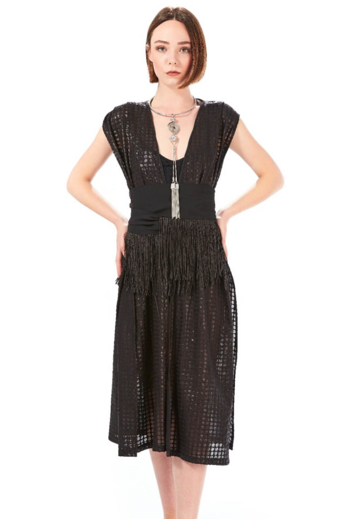Women&Women Kadın Siyah Yelek Kimono Beli Saçak Kemerli