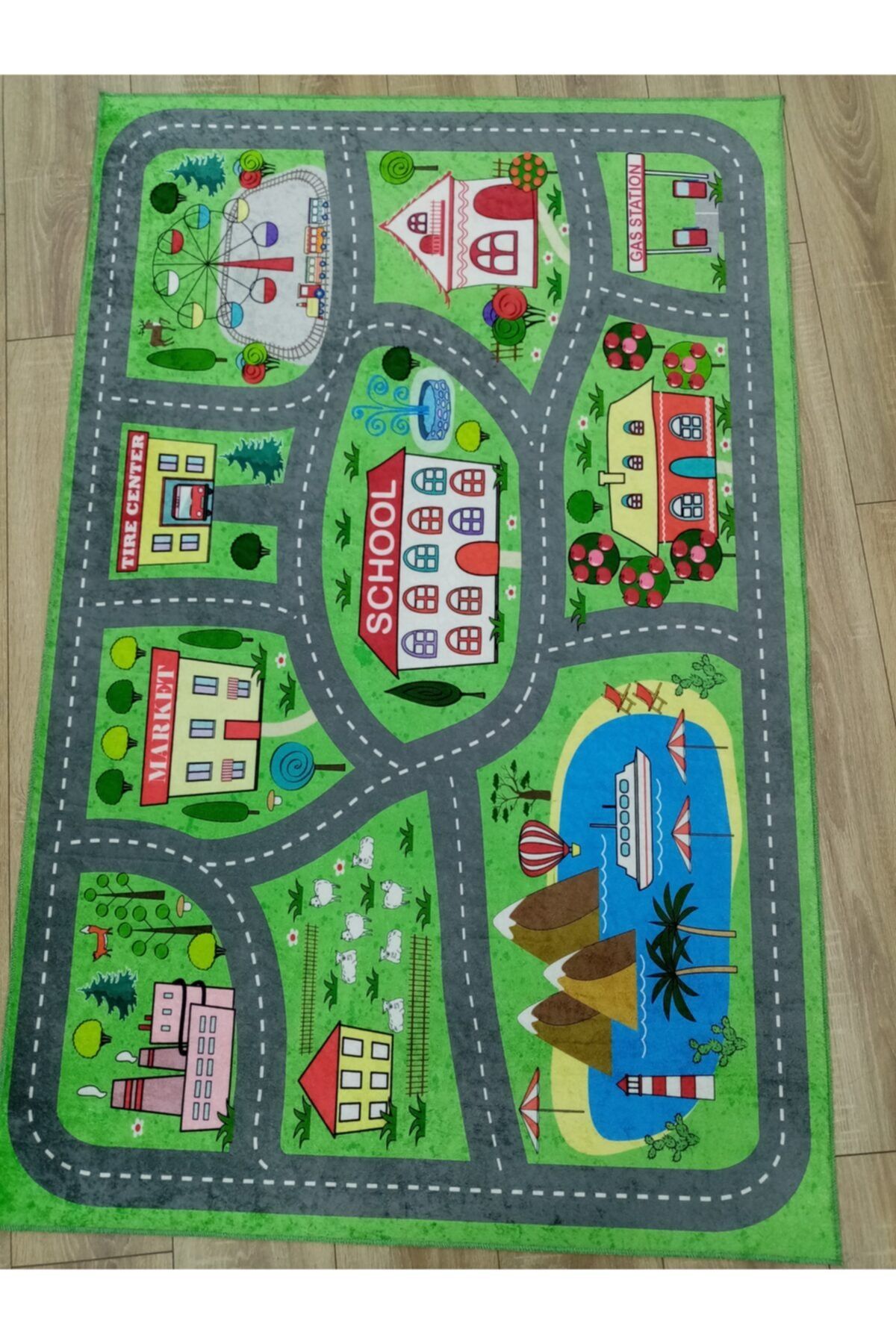 İka Halı Hayat Home Kids Araba Yolu Çoçuk Halısı 120x180 Yeşil Zemin