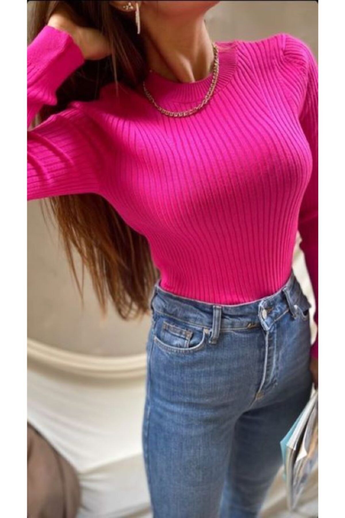 Qu Style Kadın Koyu Pembe Likralı Triko Kazak