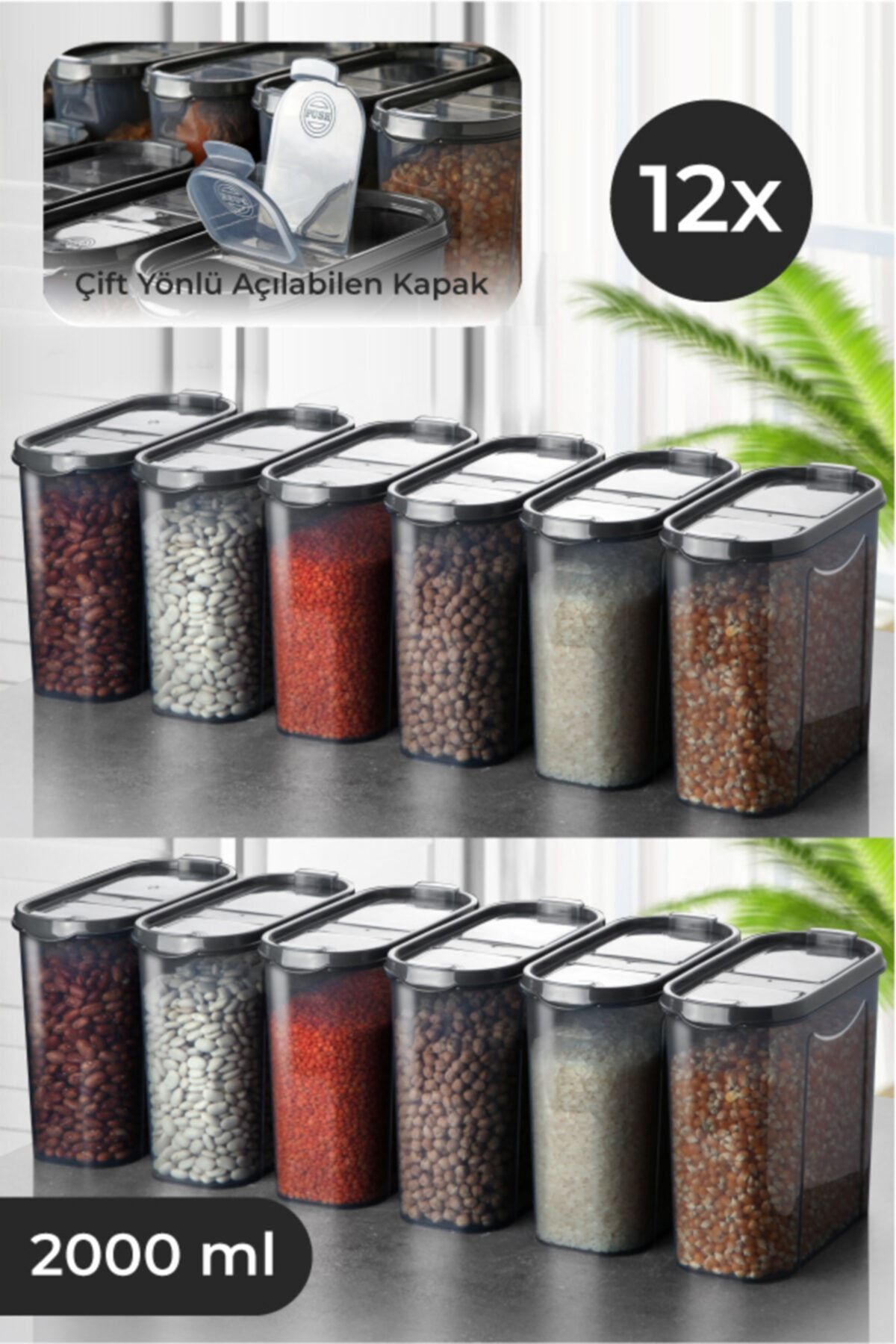VIENEV Daısy 12li Erzak Saklama Kabı Kavanozu 2 Litre Çift Kapaklı
