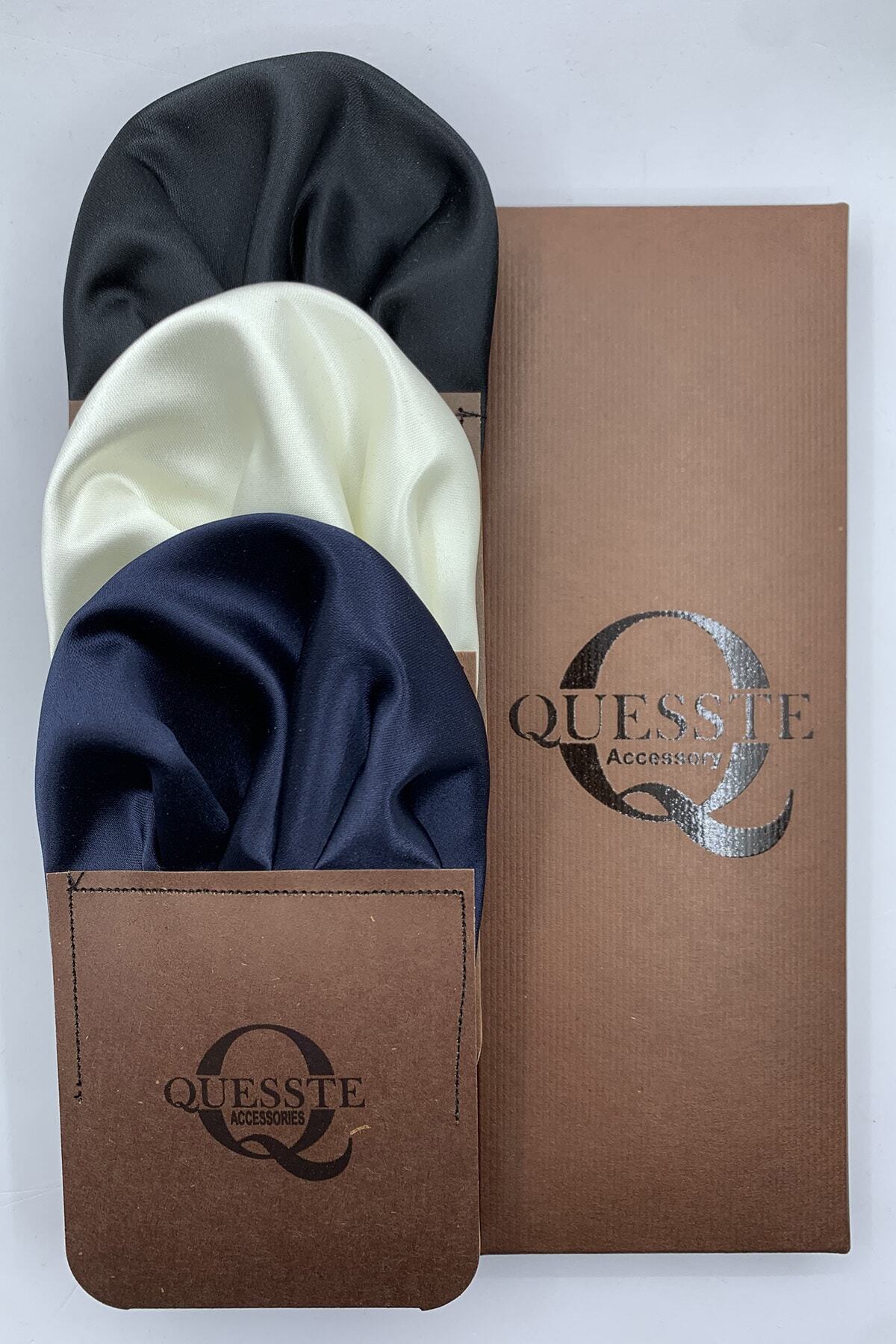 Quesste Accessory Erkek Lacivert Bej Siyah 3'lü Set Hazır Katlanmış Takım Elbise Cep Yaka Mendili Kutulu
