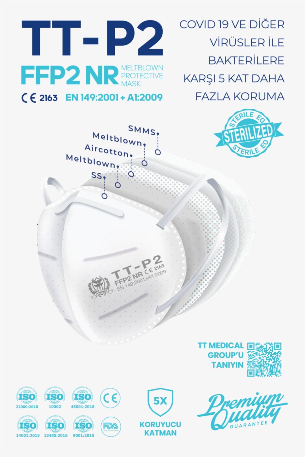 TTMedical 10'lu Unisex Beyaz 5 Katmanlı Ffp2 Üstün Korumalı Filtreli Yüz Maskesi Esnek Ipli Özel Üretim