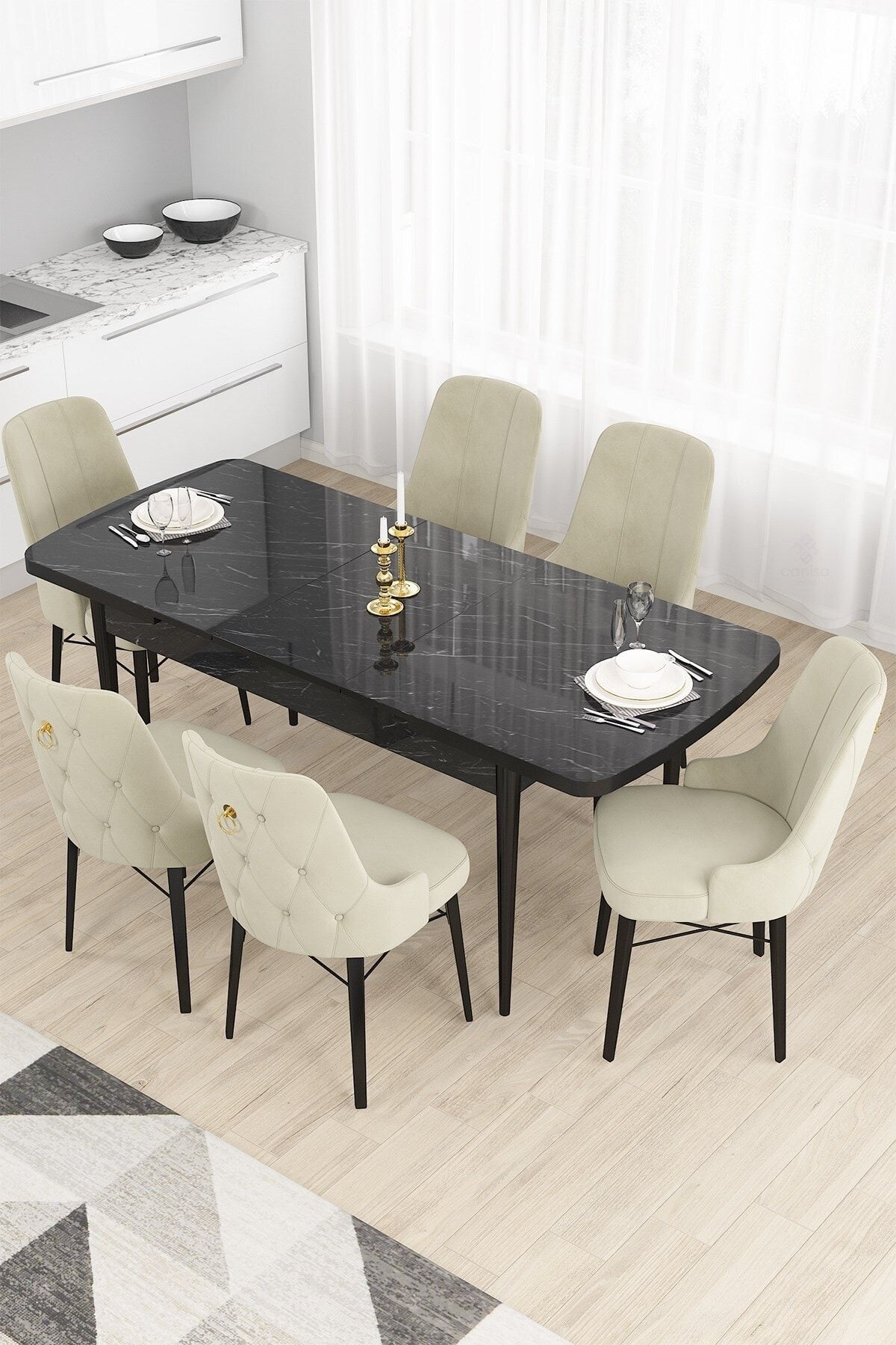 Canisa Concept Nar Serisi, 80x132 Açılabilir Mdf Masa, Siyah Mermer Desen Mutfak Masa Takımı, 6 Krem Sandalye