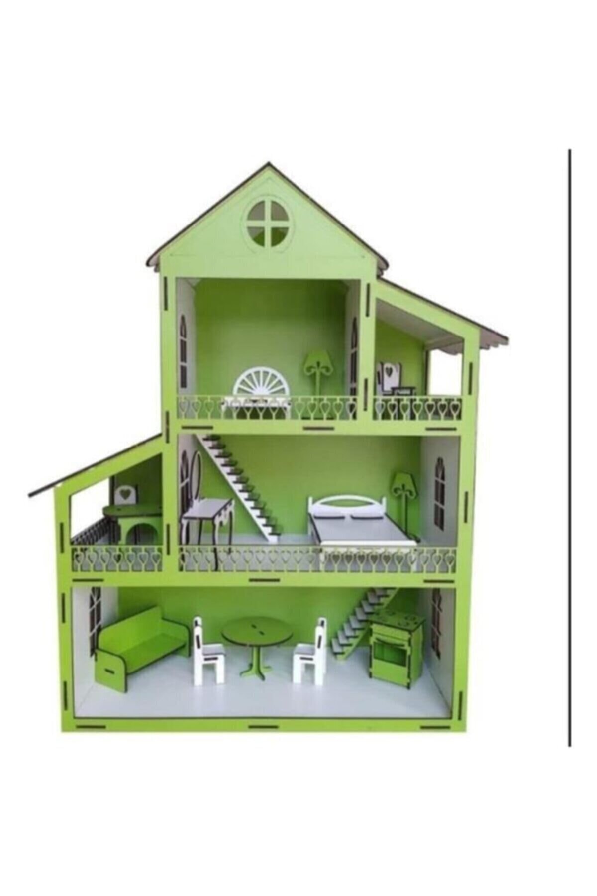 WoodyLife Ahşap Oyuncak Ev 80 Cm Yeşil Ev Montessori Barbie Ve Lol Uyumlu Çocuk Oyuncak Ev