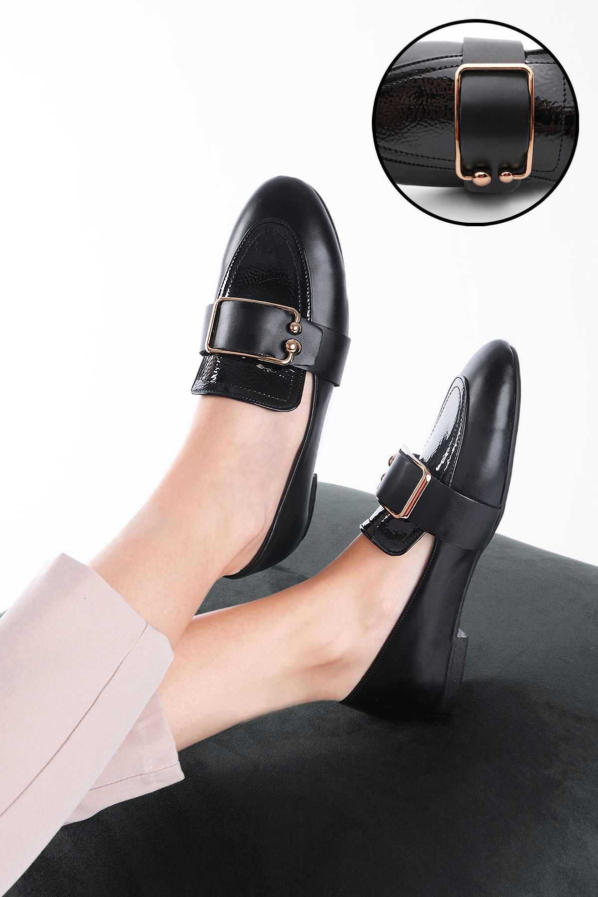Marjin Kadın Tokalı Loafer Ayakkabı Mesli Siyah