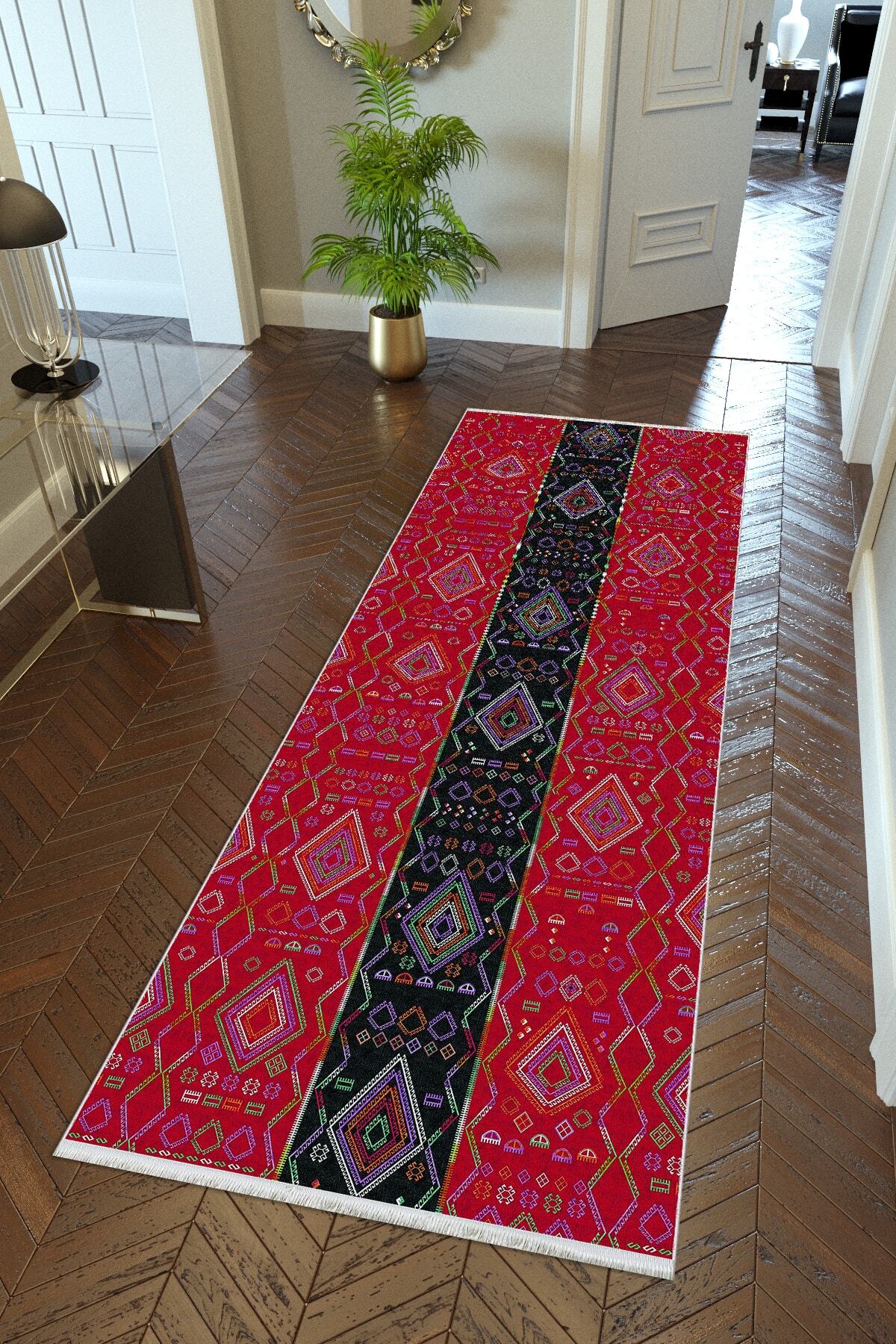 10 Post Online Yolluk Kilim Desenli Otantik Kırmızı Kaymaz Kesme Yıkanabilir Ince Dijital Baskı Koridor Halısı