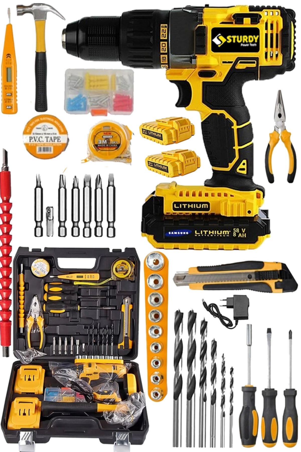 Sturdy Japon Technology 58v8ah Lion Çift Akülü Metal Şanzuman Turbo Şarjlı Matkap Ppr 99 Parça Setli