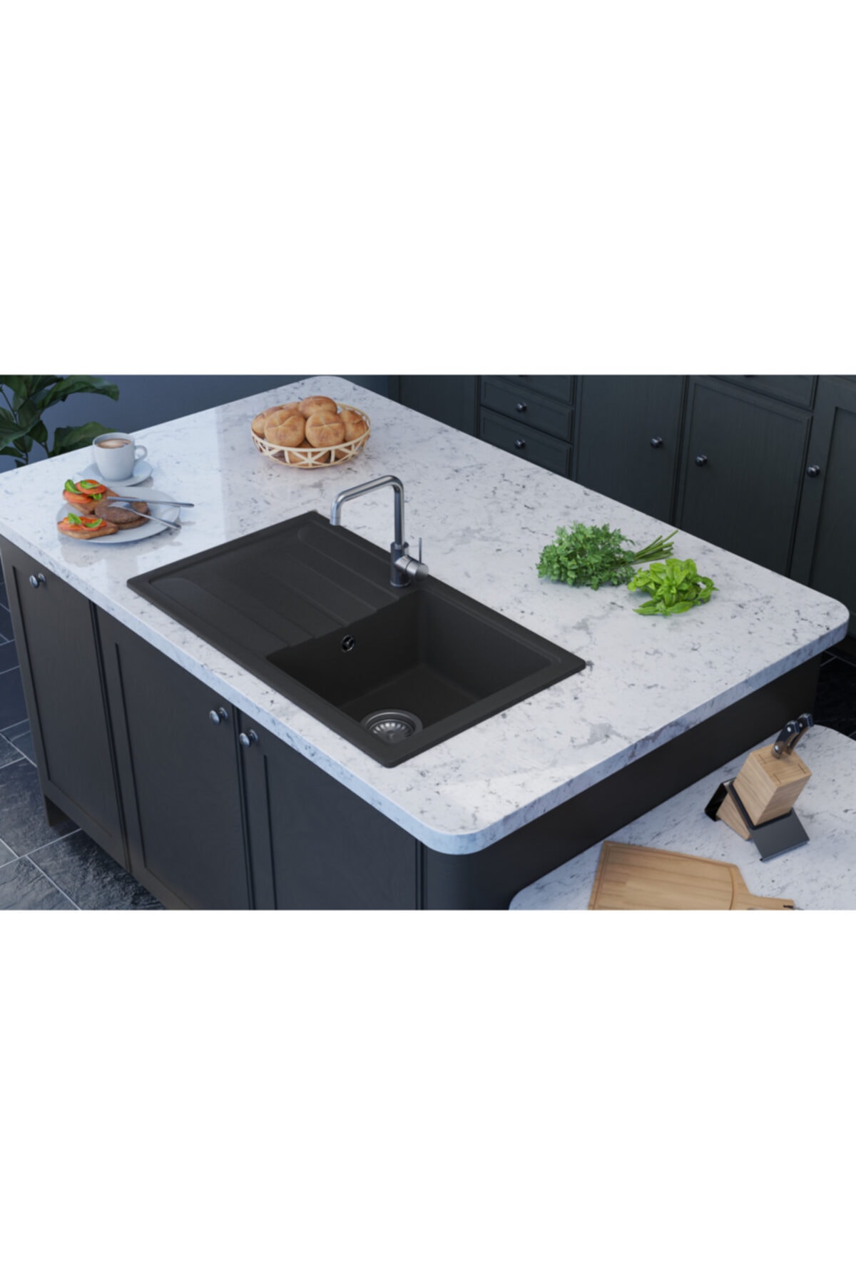 Vıvıano Viviano 1 Göz 44x76cm Metalik Siyah Granit Evye Sifon Bağlantı Hortumları