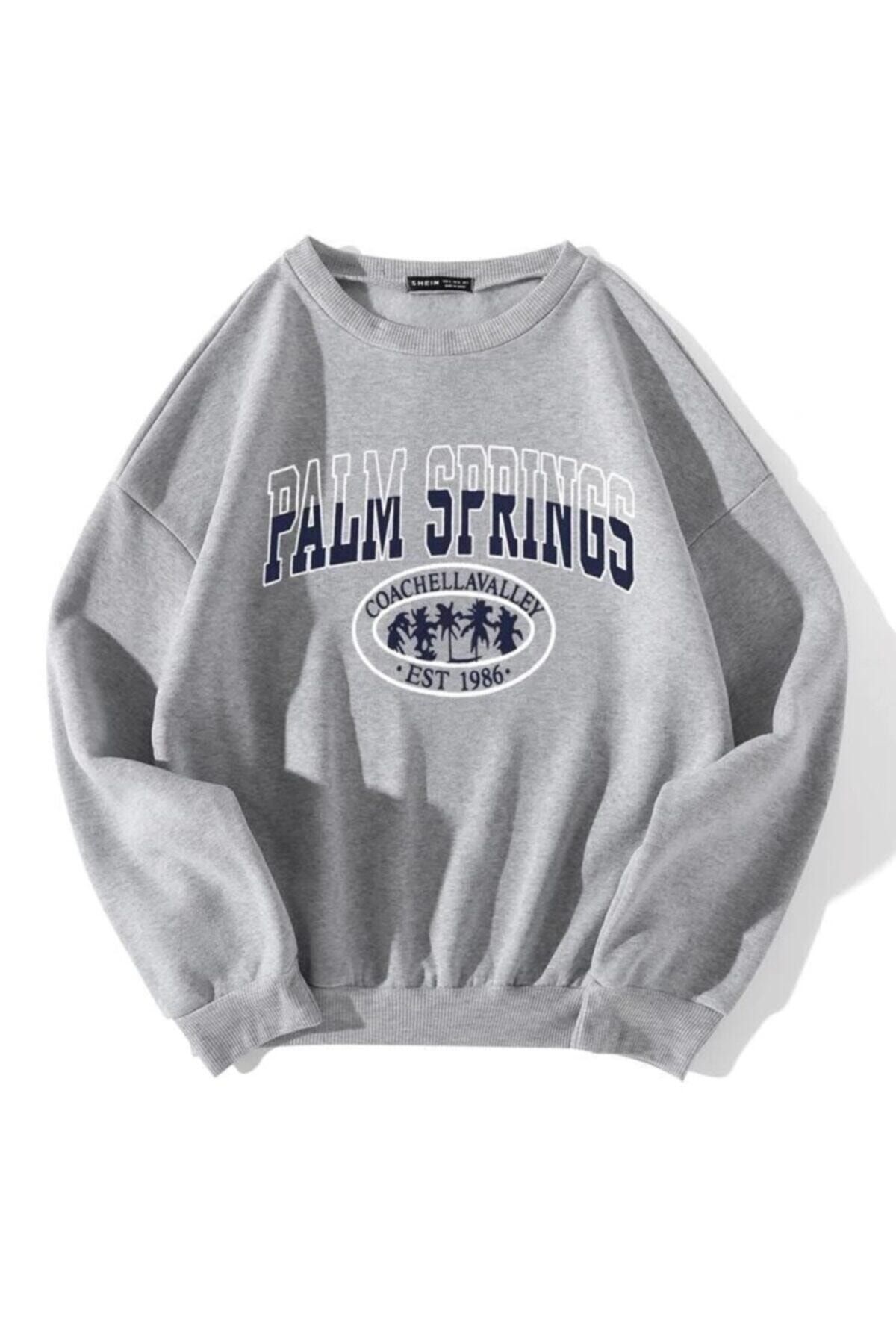 AFROGİYİM Kadın Gri Oversize Lacivert Palm Springs Baskılı Örme Polar Sweatshirt