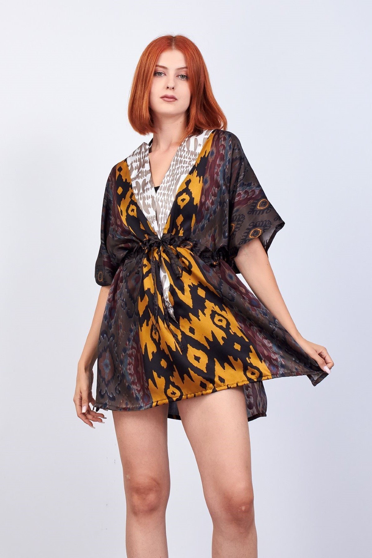 Nomads Felt Ipek Sarı Siyah Kimono Elbise Etnik Ikat Desen