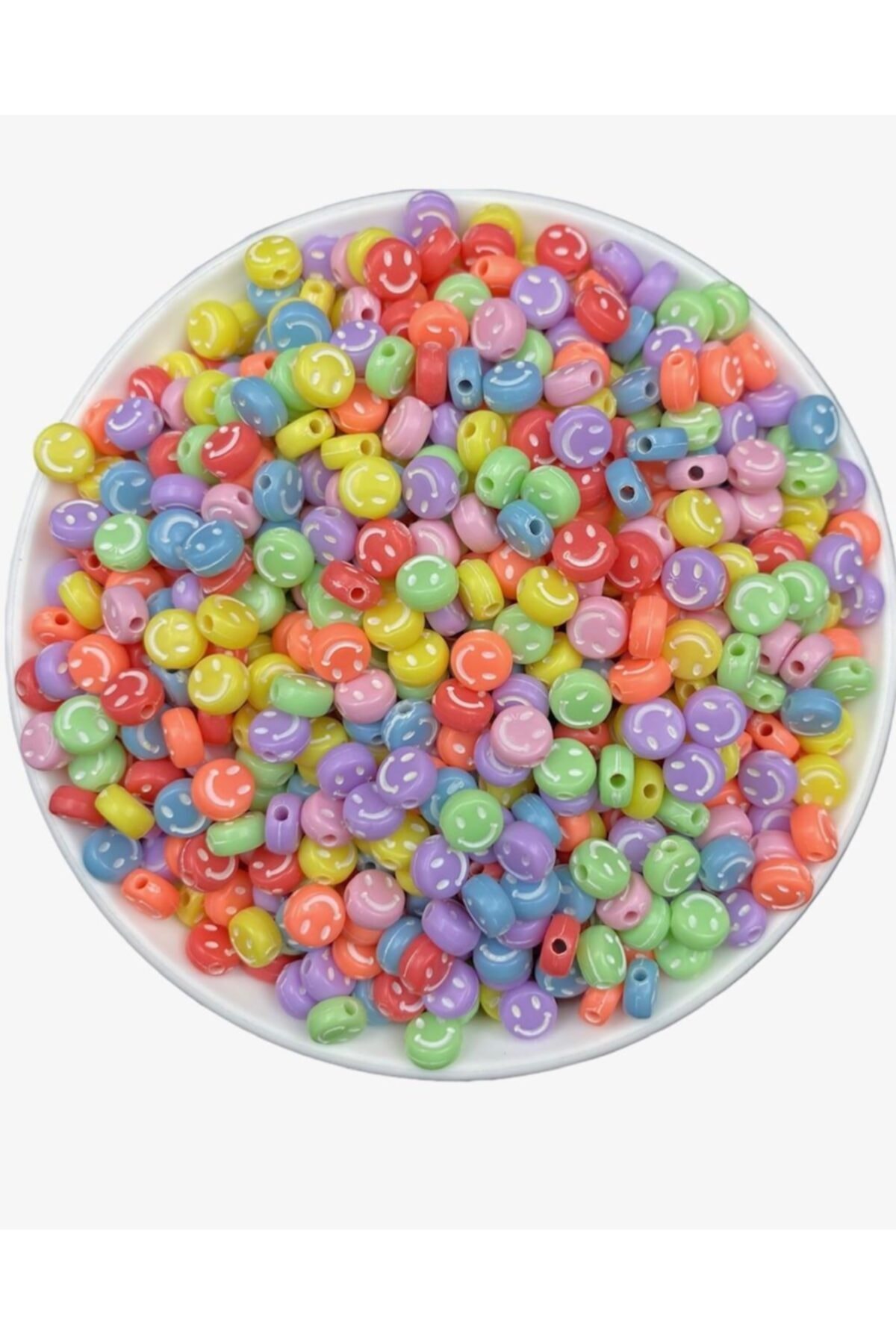 Hedef Bijuteri 25gr Pastel Renkli Zemin Üzeri Beyaz 4x7mm Yassı Smile, Gülen Yüz,surat Boncuk (25 Gr,  200 Adet)