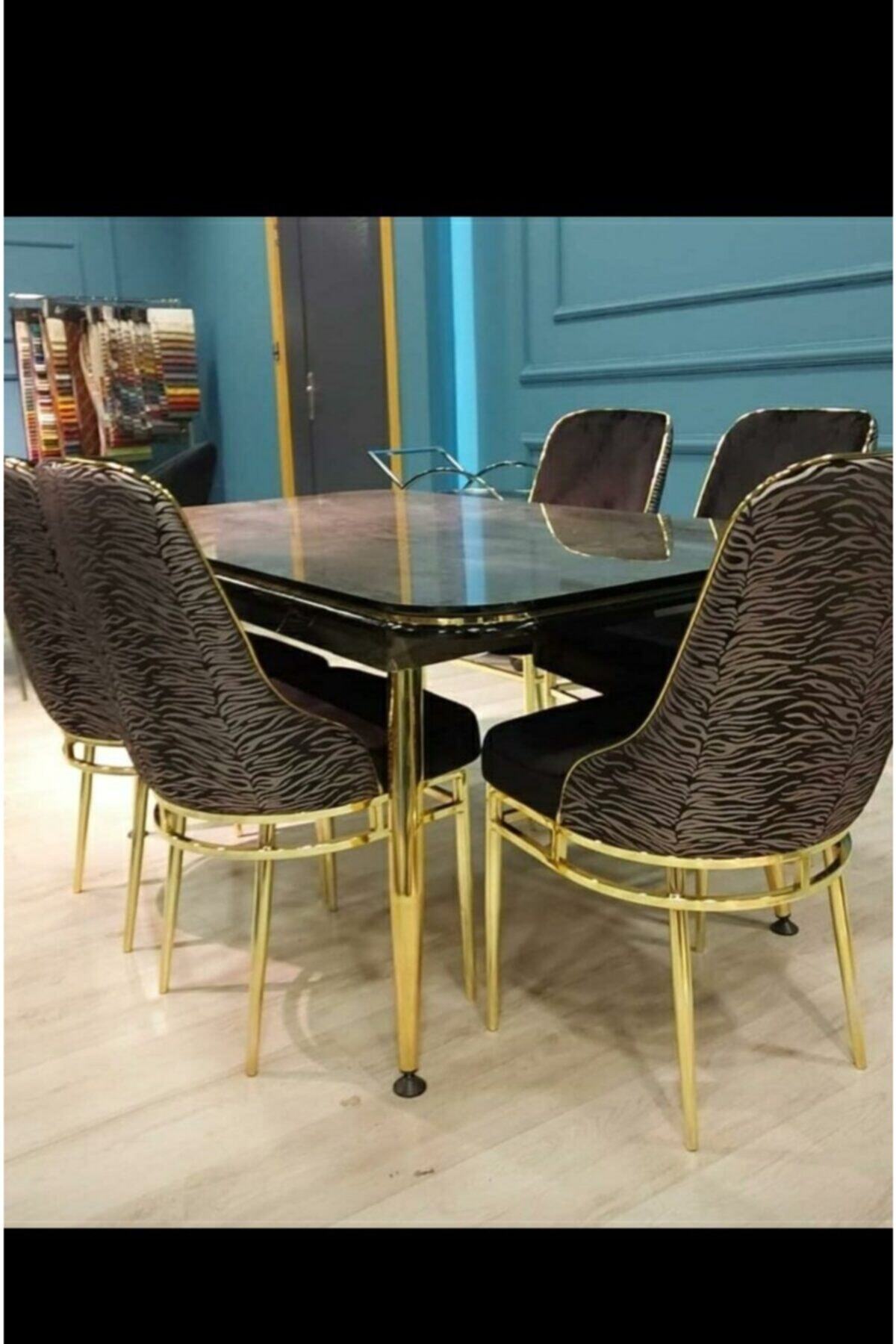 LOGO AKSESUAR 4 Lü Siyah Görünümlü Ayakları Gold Yemek Masası