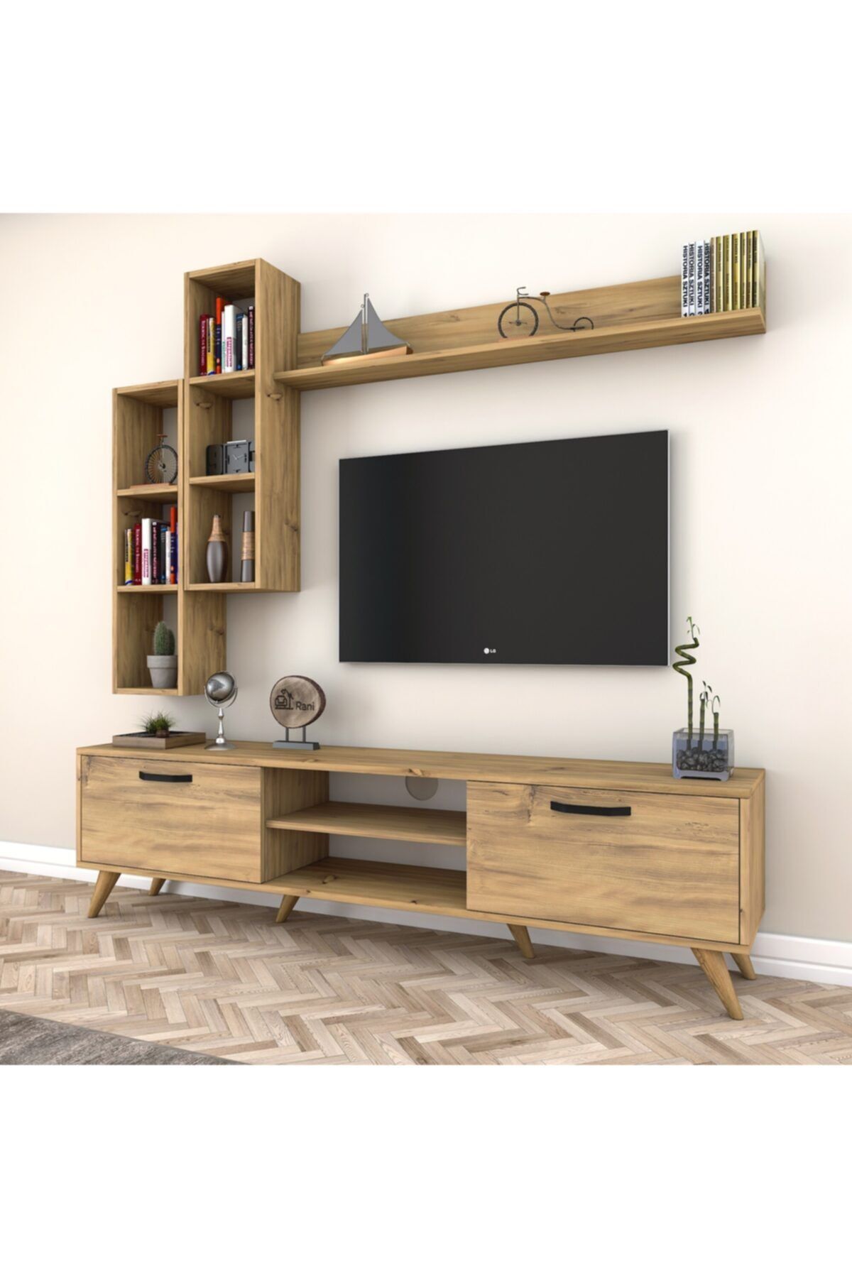 Rani Mobilya A5 Duvar Raflı Kitaplıklı Tv Ünitesi Duvara Monte Dolaplı Modern Ayaklı Tv Sehpası Ceviz M16