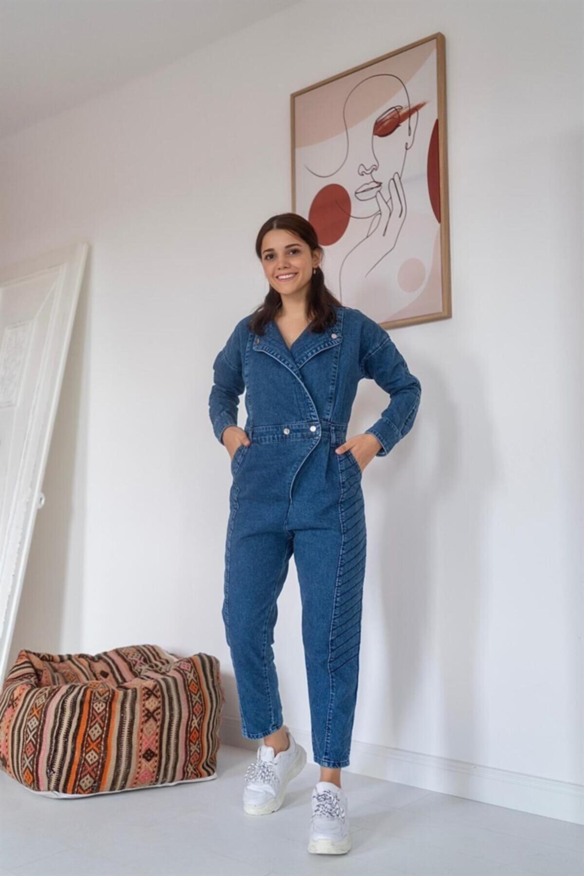 elbee fashion women Beli Kemerli Ve Nakışlı Kadın Tulum - Mavi
