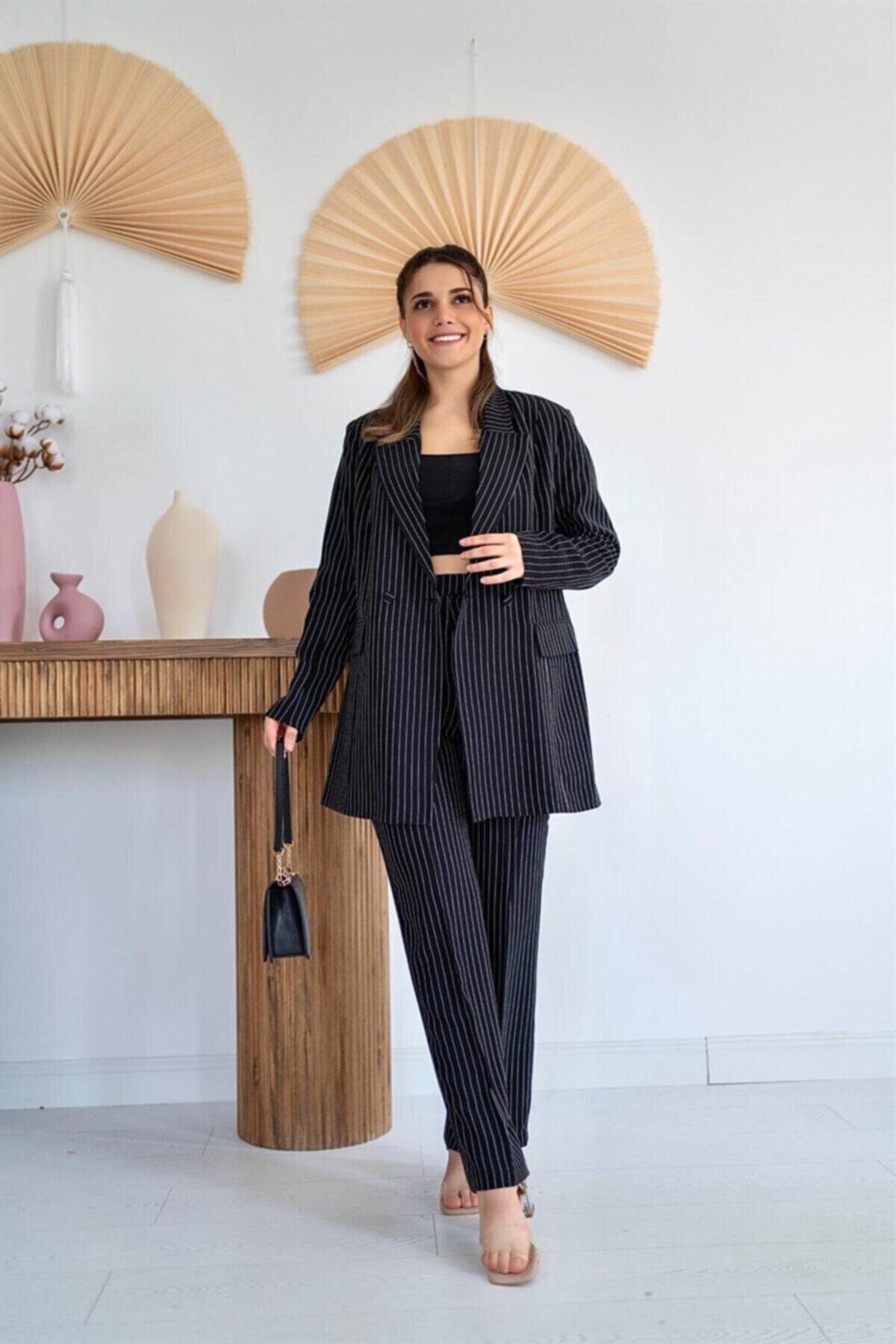 elbee fashion women Çizgili Ceket Ve Pantolon Kadın Takım - Siyah