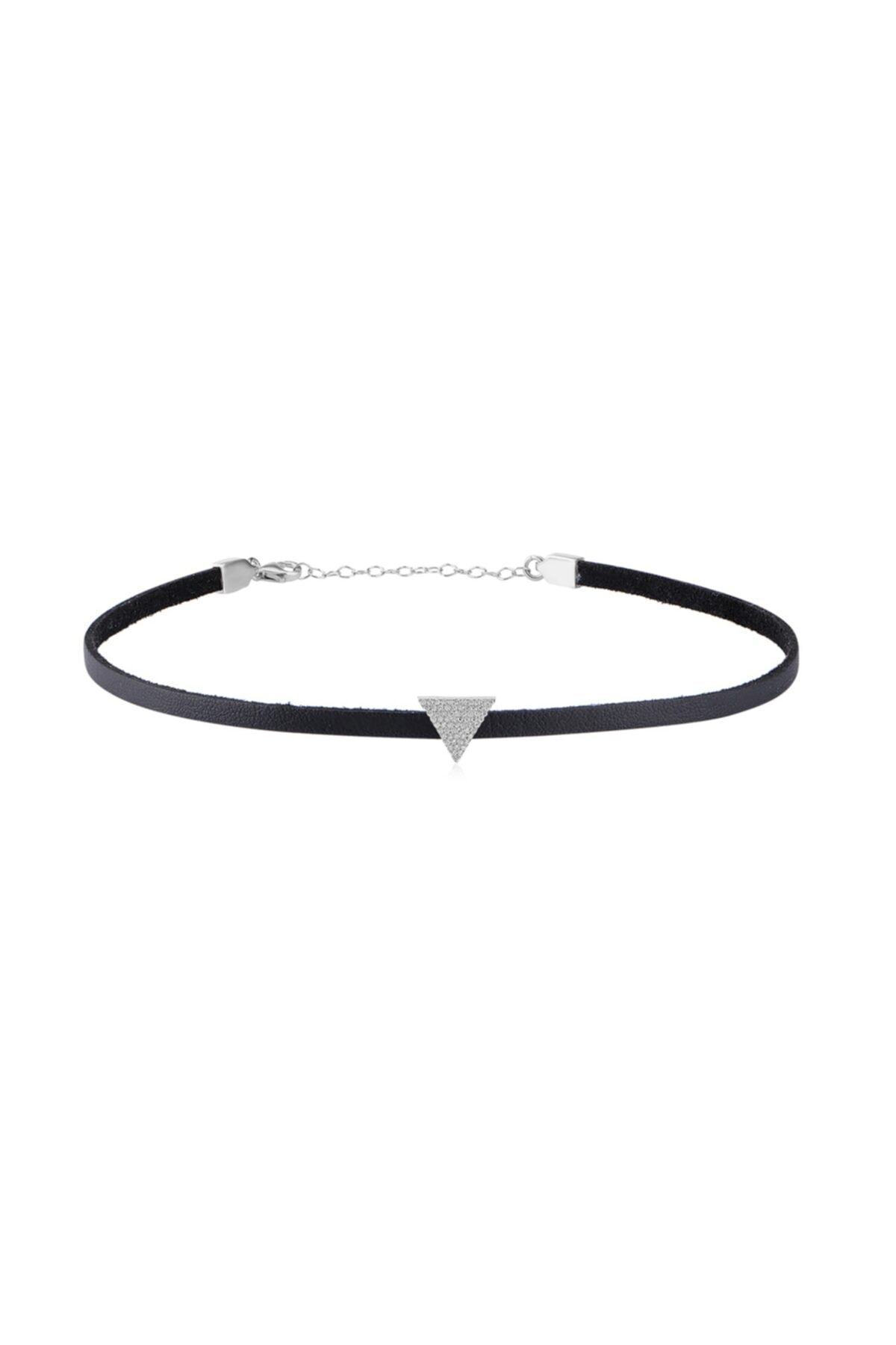 Coşar Silver Zirkon Taşlı Pırlanta Montür Gümüş Rengi Kaplama Üçgen Desenli Deri Choker Gümüş Kolye