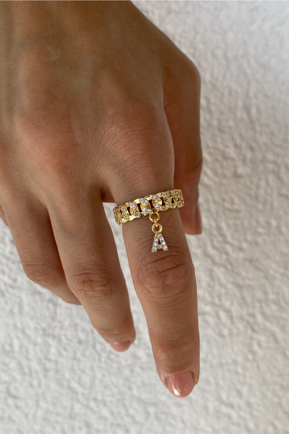 Bonnjerra Jewellery Altın Kaplama Ayarlanabilir Zirkon Taşlı A Harf Yüzük