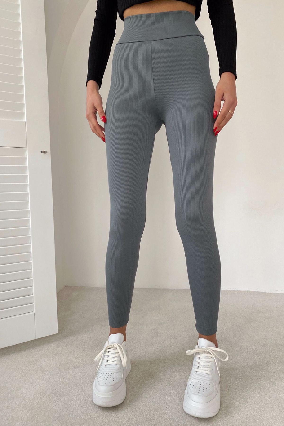 Orjinshop Kadın Antrasit Rengi Yüksek Bel Fitilli Tayt