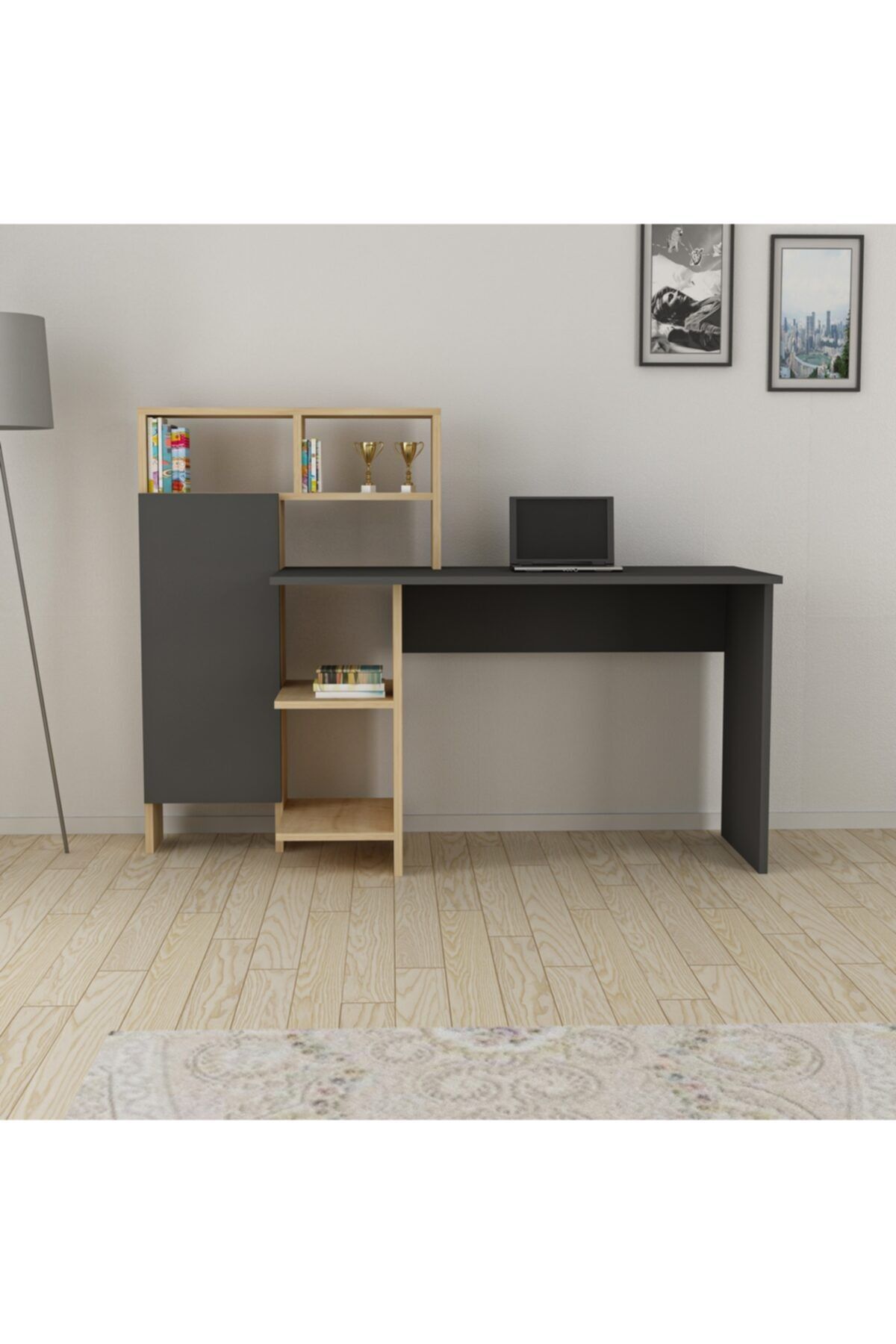 ARNETTİ Buğra Çalışma Masası Antrasit-safirmeşe 111,8x135,9x60 Raflı Ve Dolaplı Özel Tasarım Kolay Kurulum