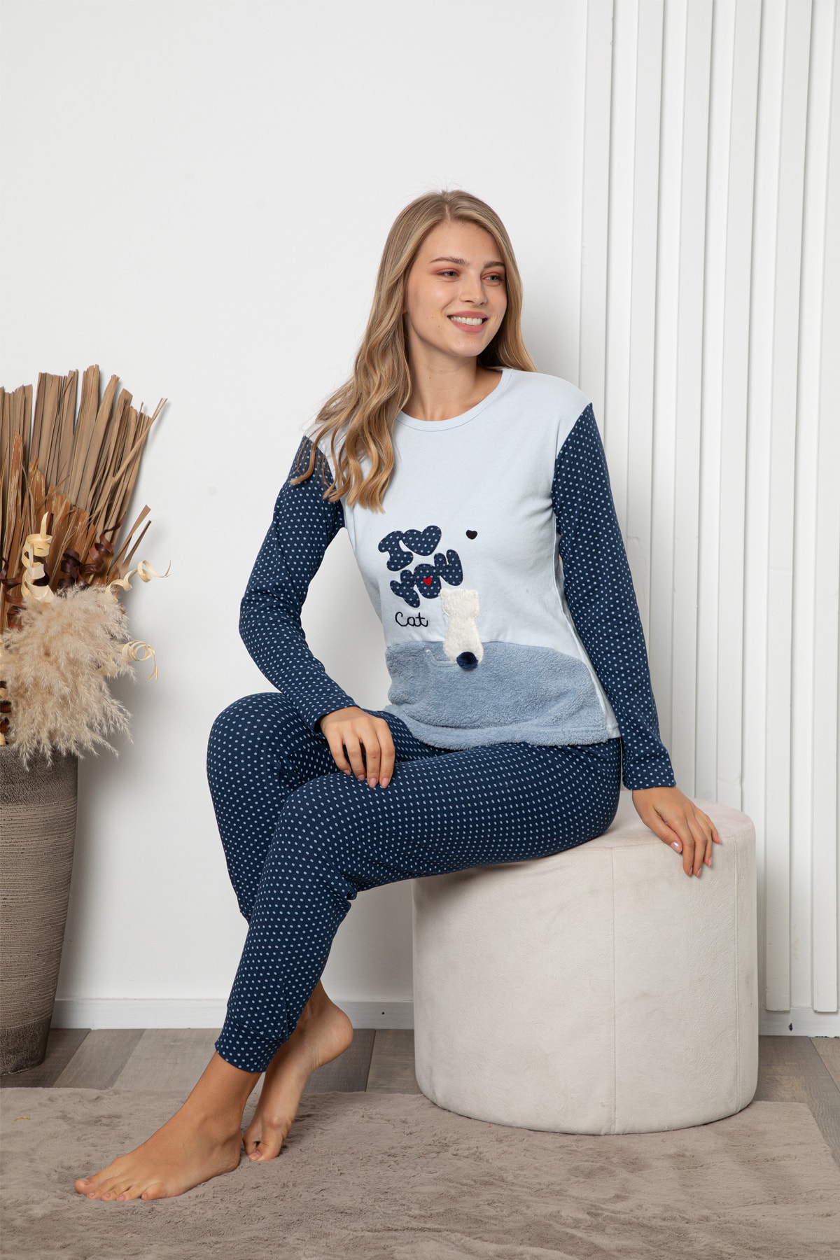 FAWN Love You Cat Nakışlı Slim Fit Pijama Takımı