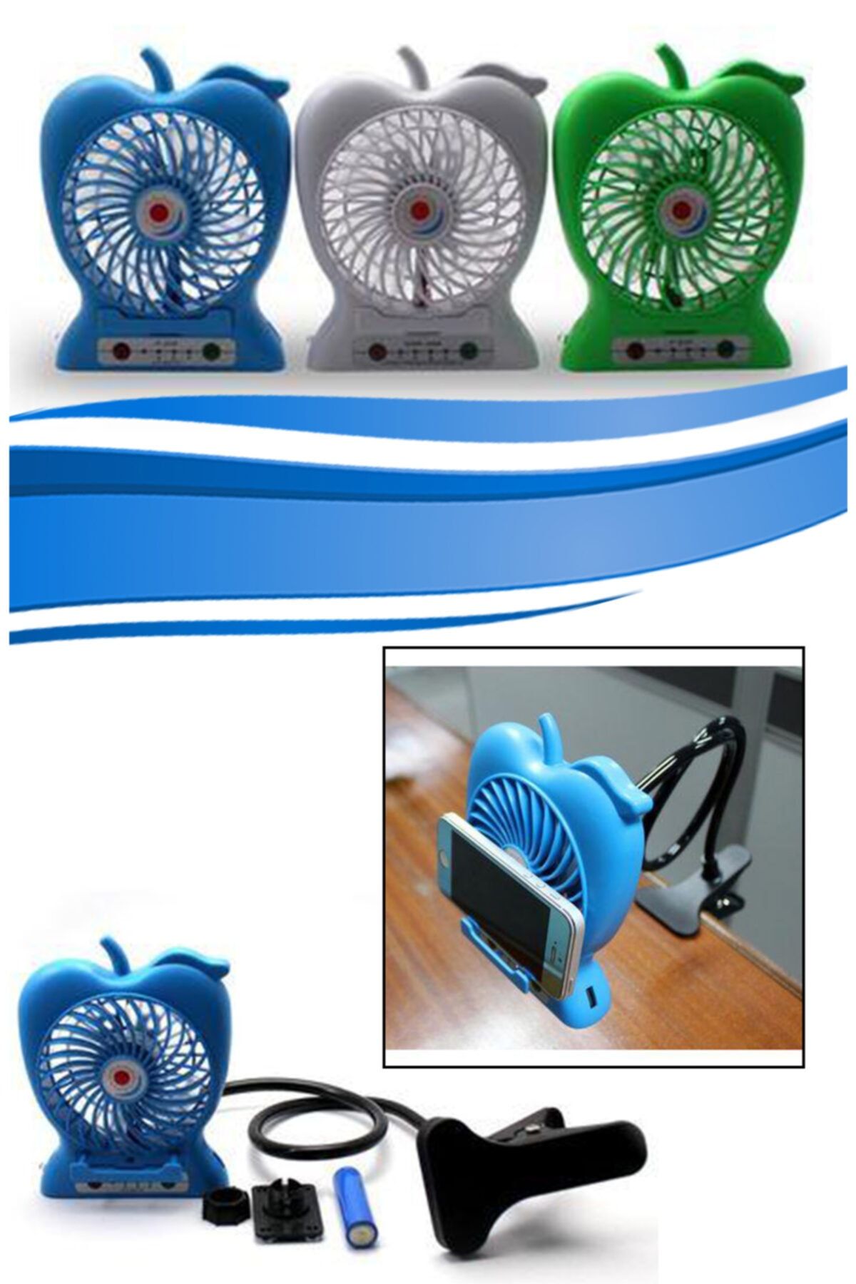 PRO Şarj Edilebilir Vantilatör Telefon Tutacaklı Askılı Fan