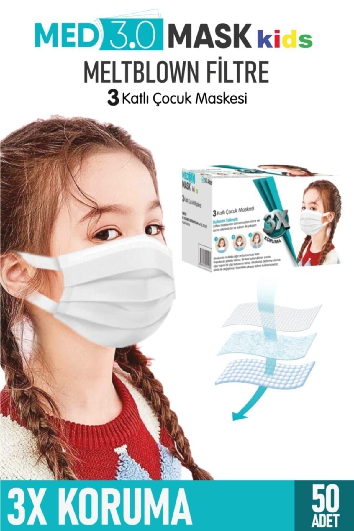 MED3.0 MASK Yeni Nesil Elastik Kulakçıklı Meltblown Filtreli Medikal (CERRAHİ) Çocuk Maskesi-beyaz