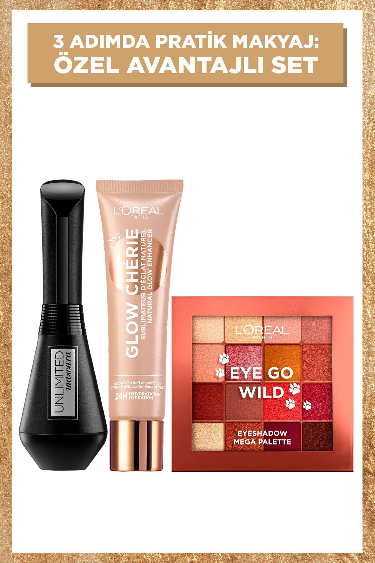 L'Oreal Paris Unlimited Siyah Maskara + Glow Chérie Işıltı Veren Renkli Nemlendirici 02 Light Glow +far Paleti
