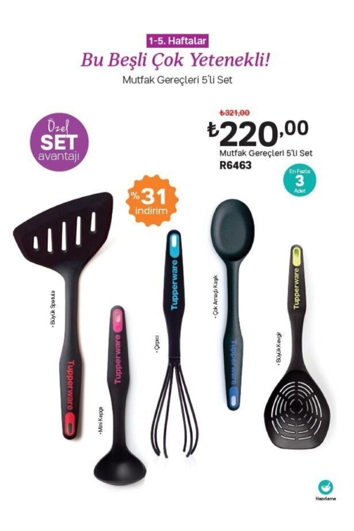 Tupperware Modern Peri Set 5'li ( Kaşık, Mini Kepçe, Spatula, Çırpıcı Ve Kevgir)