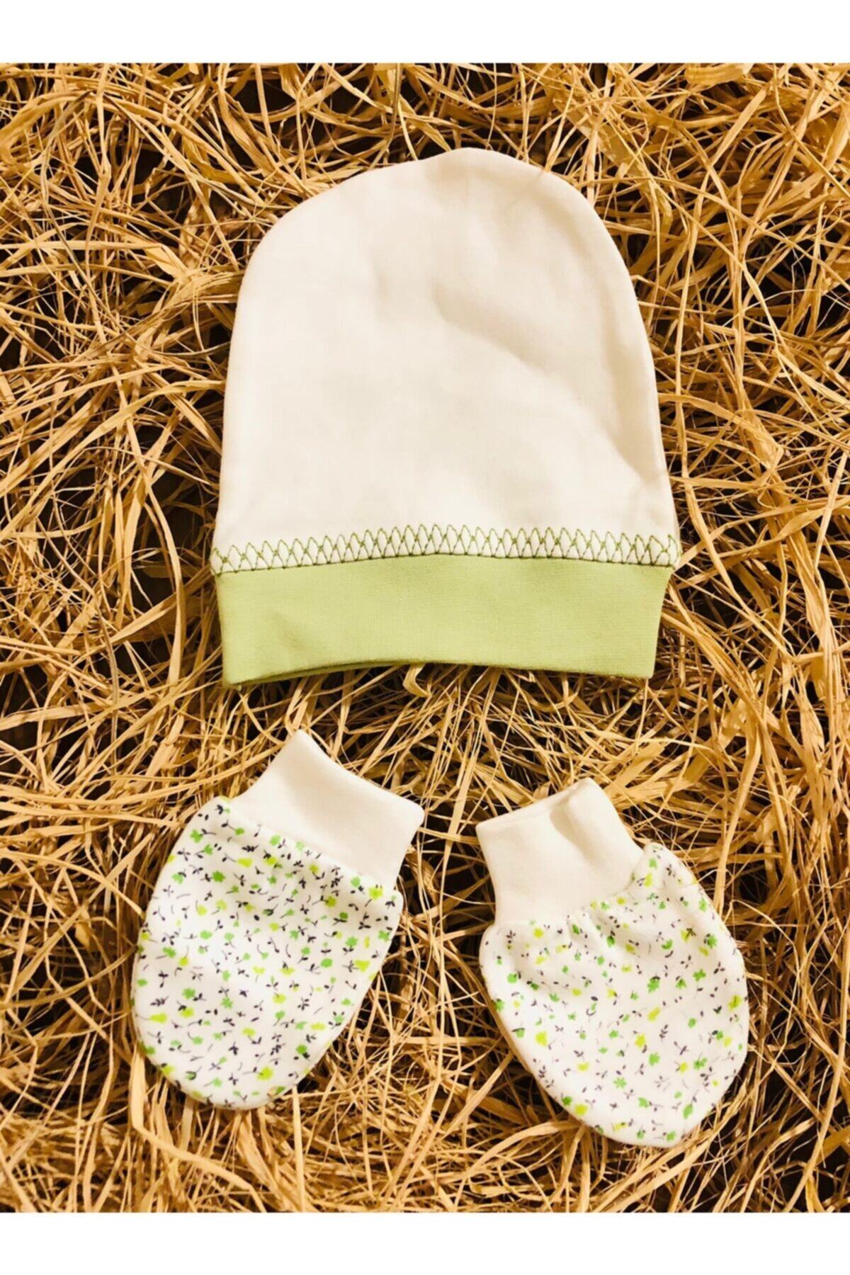 Fuar Baby Yeni Doğan Unisex Bebek Krem Yeşil Renk Bere Eldiven Takım Pamuk