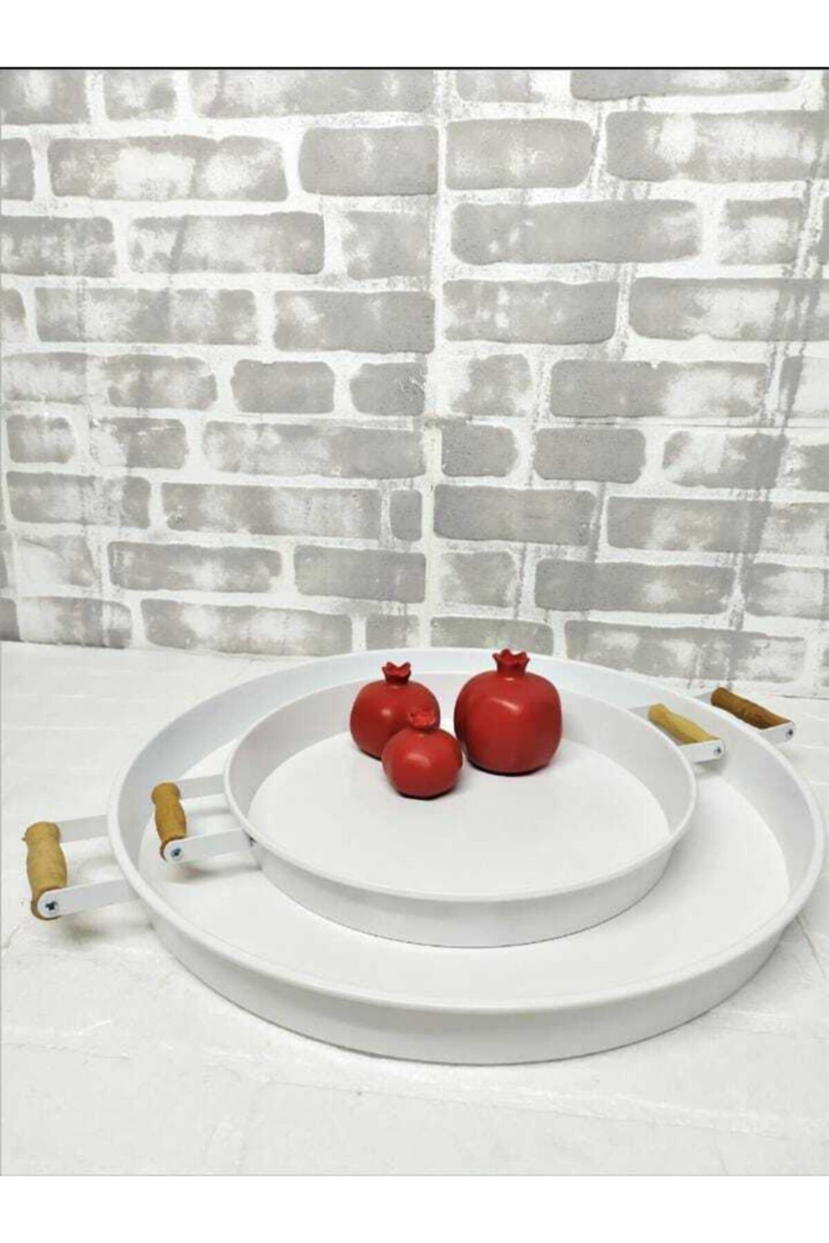 Trendway 2'li Ahşap Kulplu 51 Cm Metal Tepsi Ve 37 Cm Beyaz Tepsi Çay Kahve Sunum Tepsisi 37ve51cm