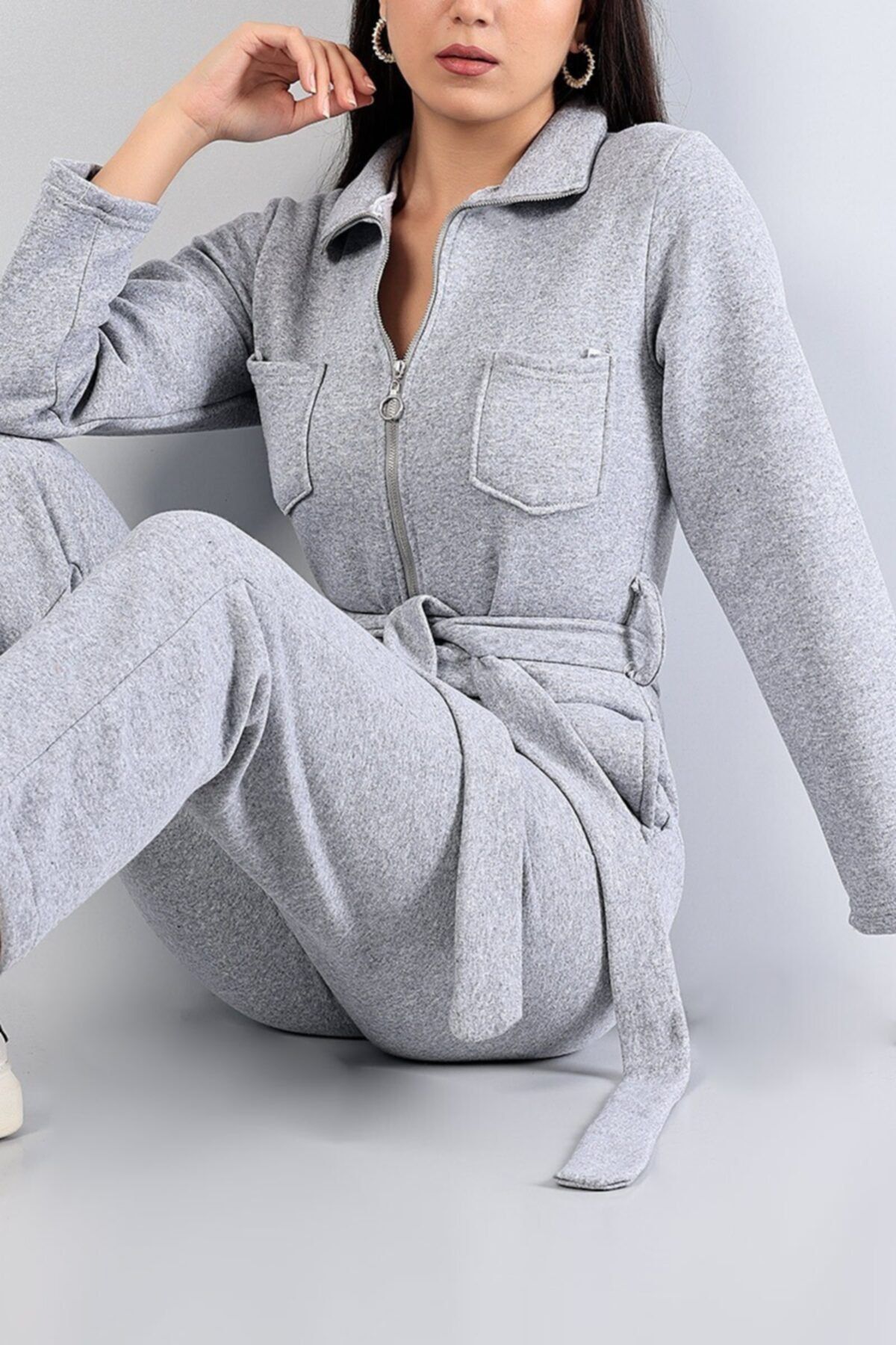 Alesta Fashion Şardonlu Kadın Gri Tulum