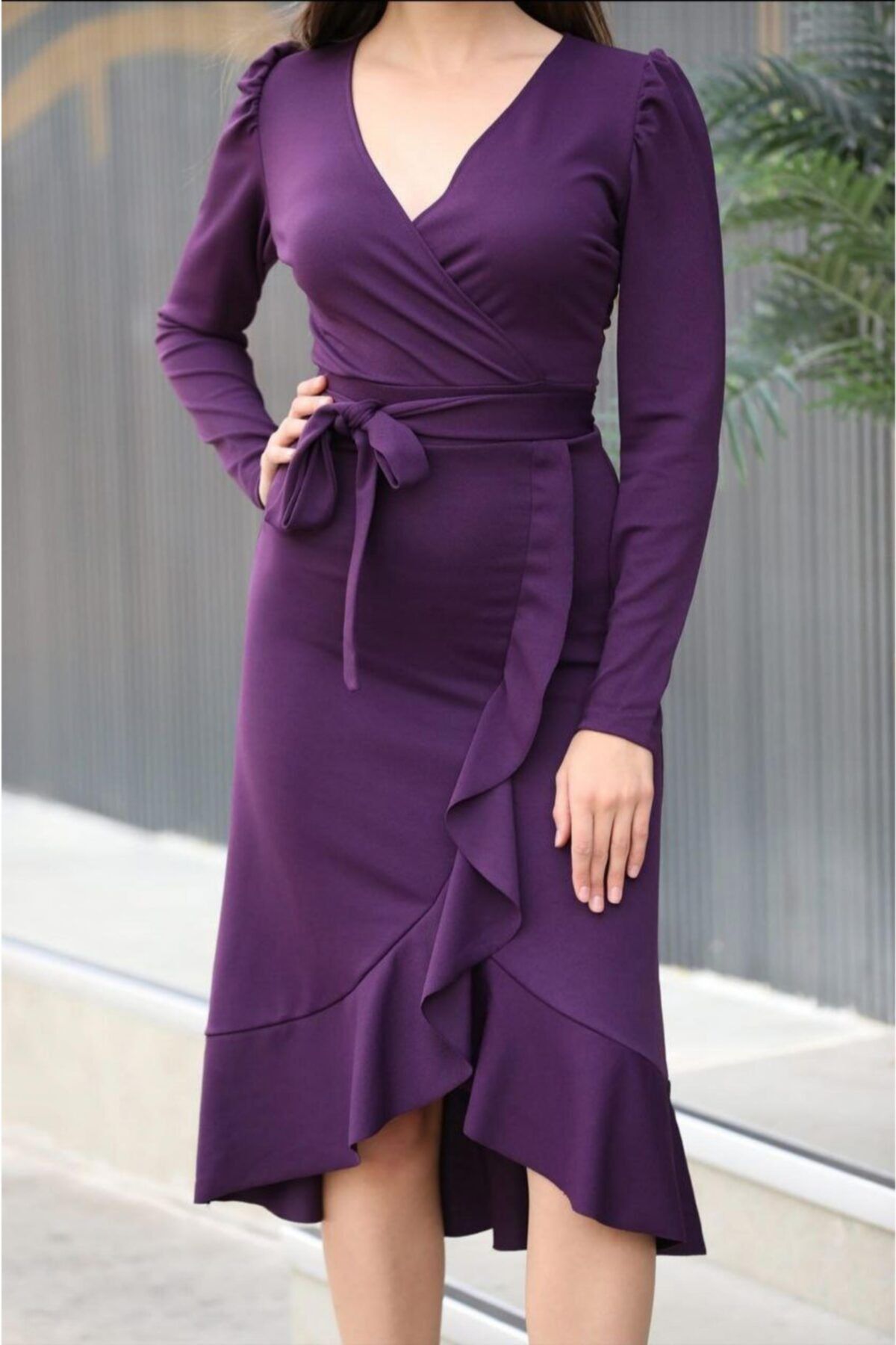 Trendusfashion Uzun Kollu Midi Elbise Yeni Sezon Krep Kumaş