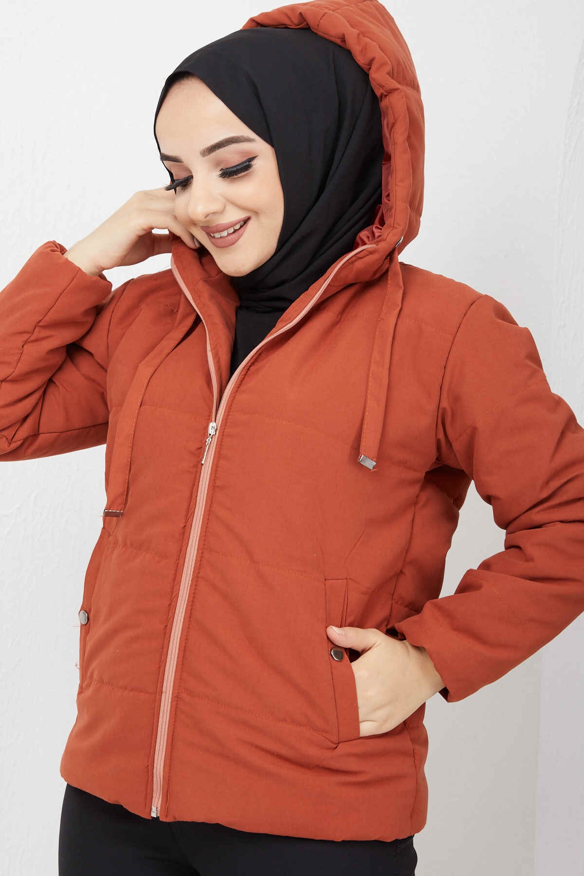 İmajButik Kapşonlu Kısa Şişme Mont/kiremit