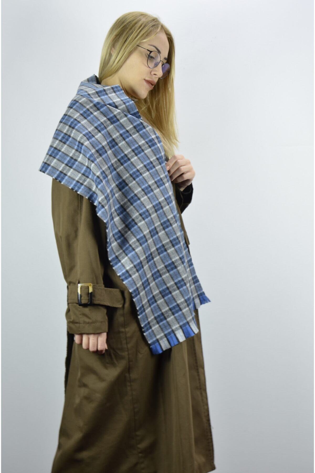 moda kaşkol Moda Kareli Pers Mavi Kaşmir Doku / Melanj Dokuma Atkı