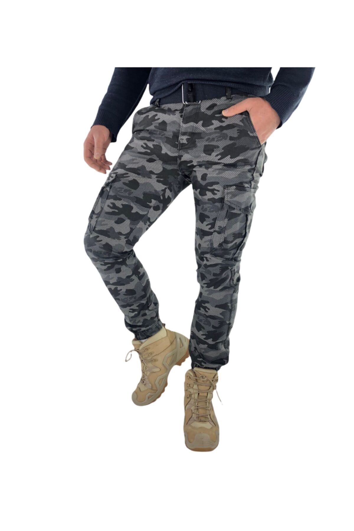 KOCA AV PAZARI Erkek Mavi Kamuflaj Desen Kargo Cep Jogger Pantalon 29 Beden