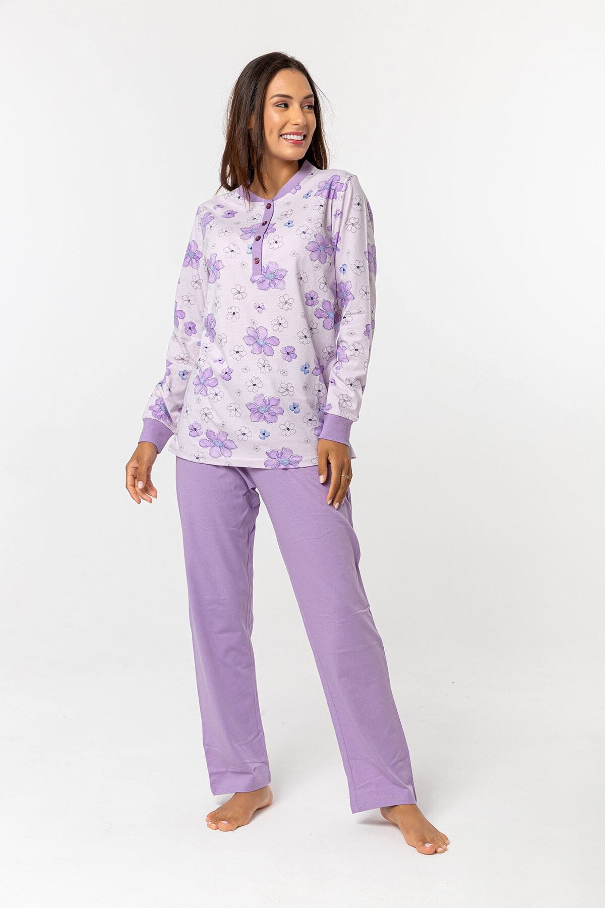 Nur Aka by Nurteks Lila Yakası Patlı Çiçekli Kışlık Büyük Beden Pijama Takımı