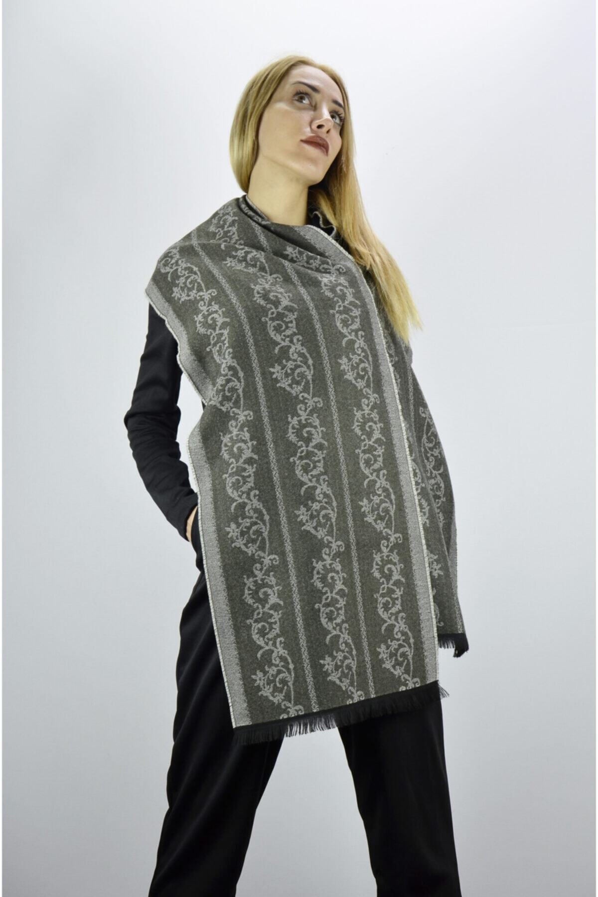moda kaşkol Moda Gri Desenli Polyester-viskon Dokuma Atkı