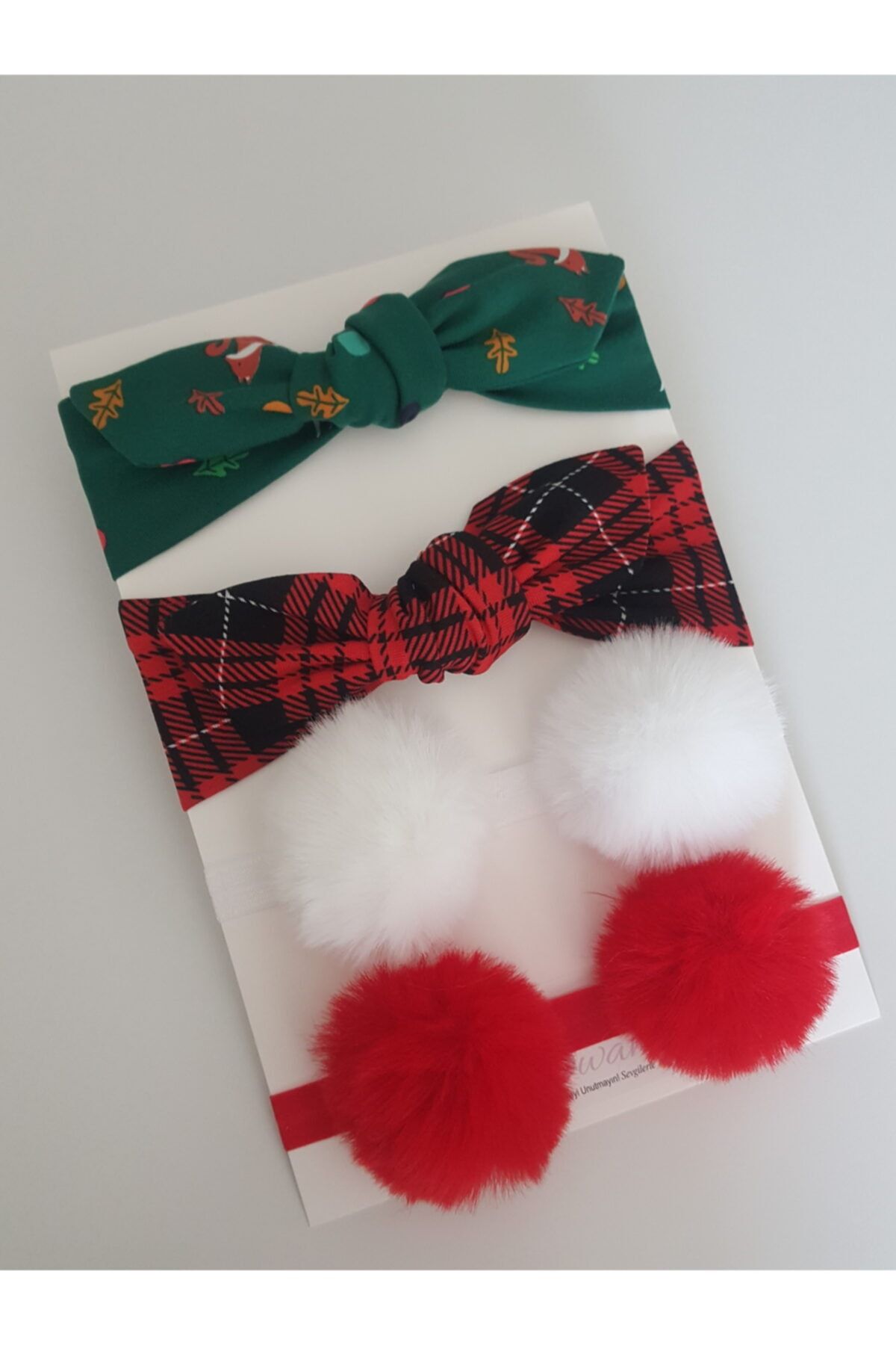 swan butik Kız Çocuk Bebek Banda Toka Seti Yılbaşı Seti Yeşil Kırmızı Ponpon Bandana