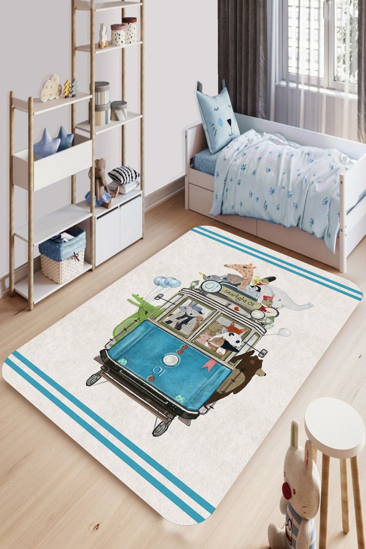 Decomia Home Dijital Baskılı Kaymaz Taban Yıkanabilir Hayvan Otobüs Temalı Beyaz Çocuk Odası Halısı-d9040