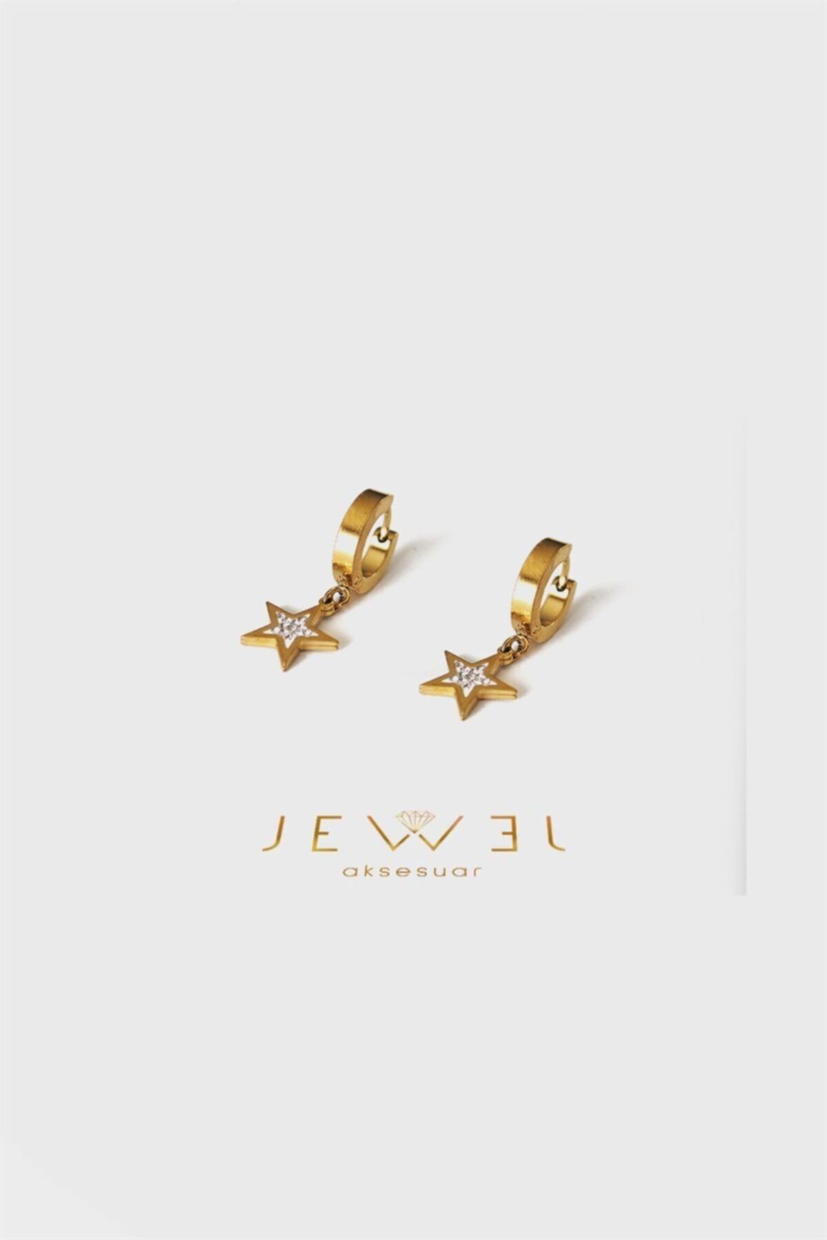 Jewel Düz Halka Beyaz Taşlı Yıldız Gold Altın Kaplama Küpe