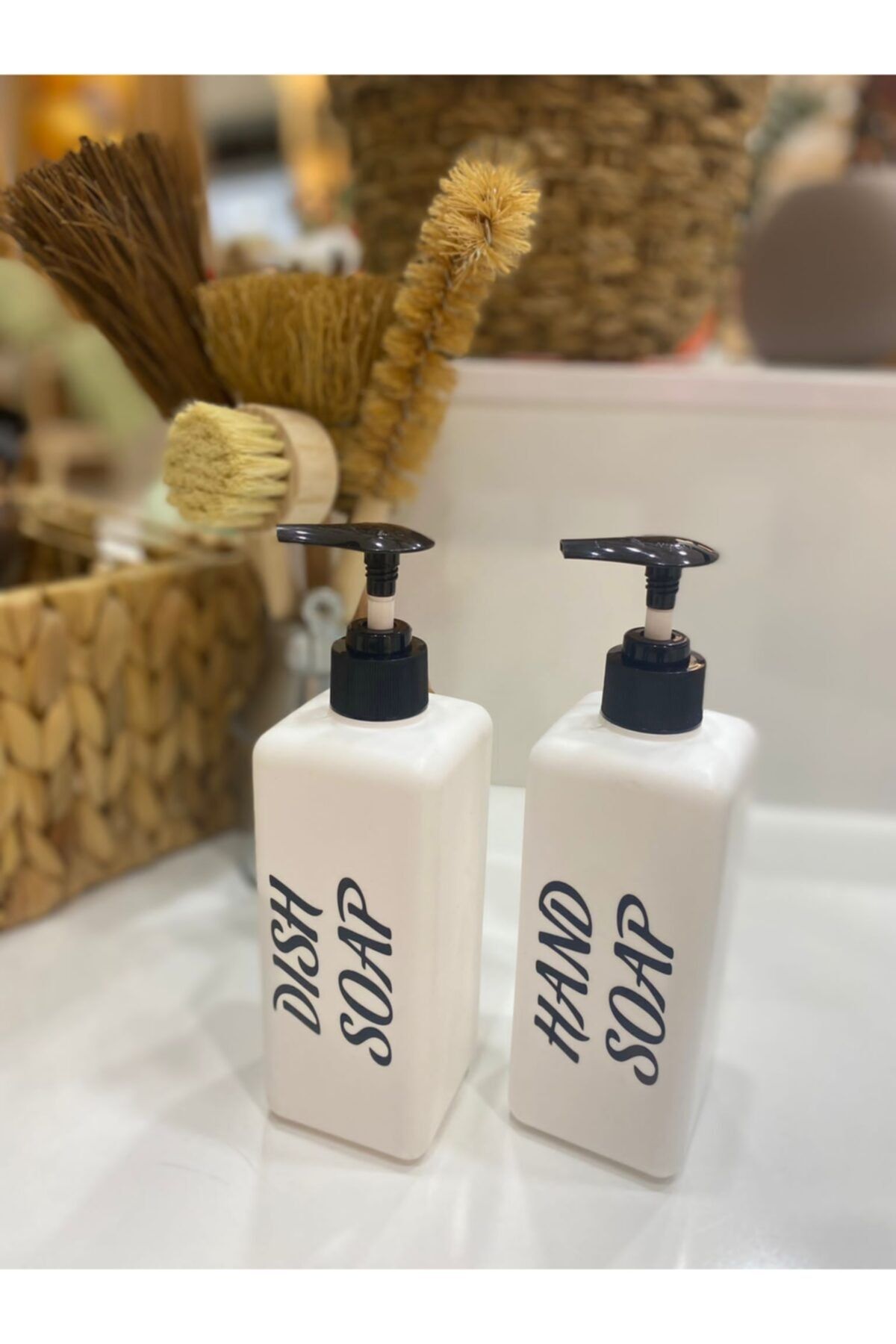 SİDERDESİGN Plastik 2'li Set Sabunluk Hand Soap & Dısh Soap 400 Ml Beyaz