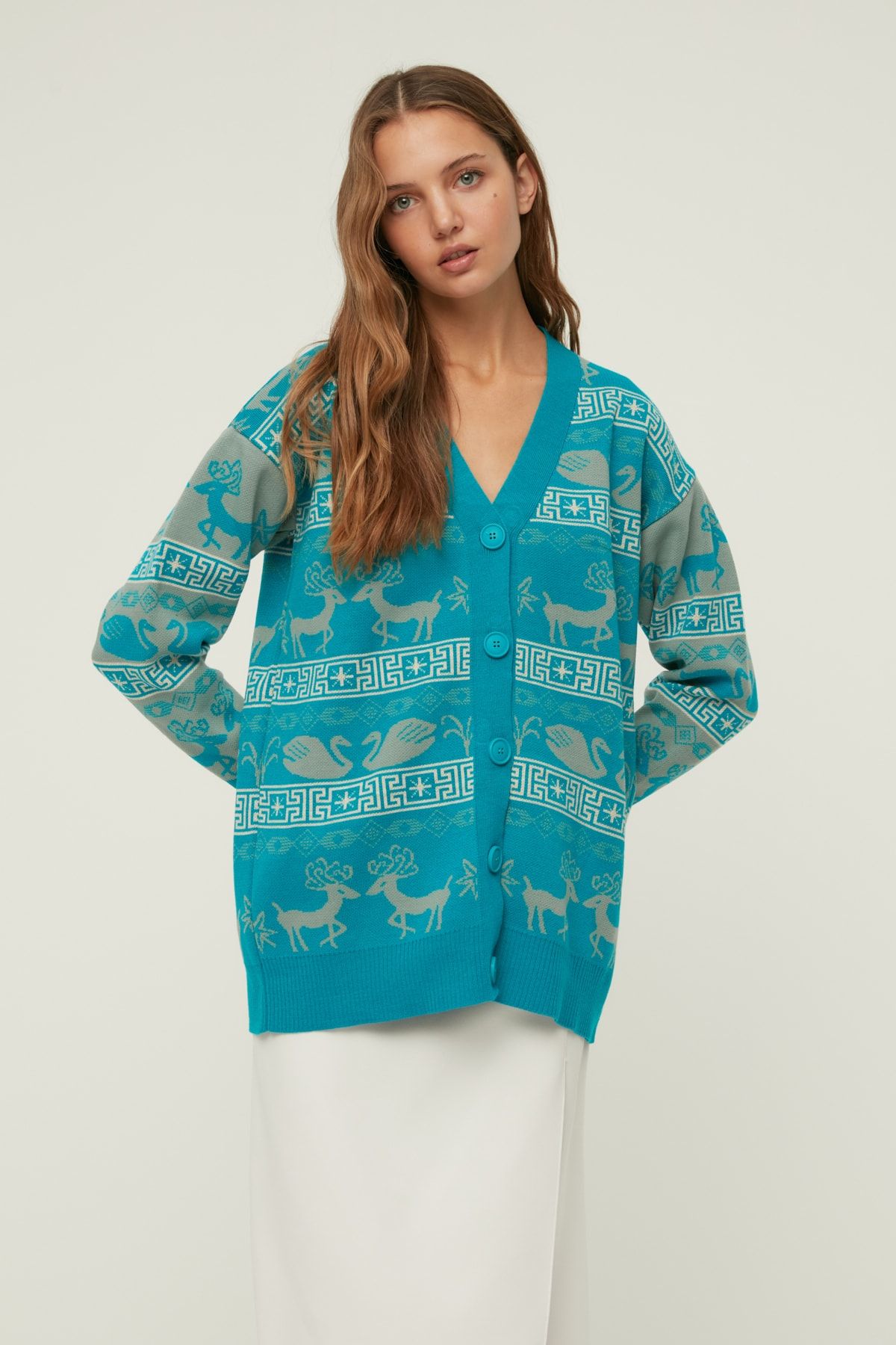 TRENDYOLMİLLA Petrol Oversize Jakarlı Triko Hırka TWOAW22HI1390