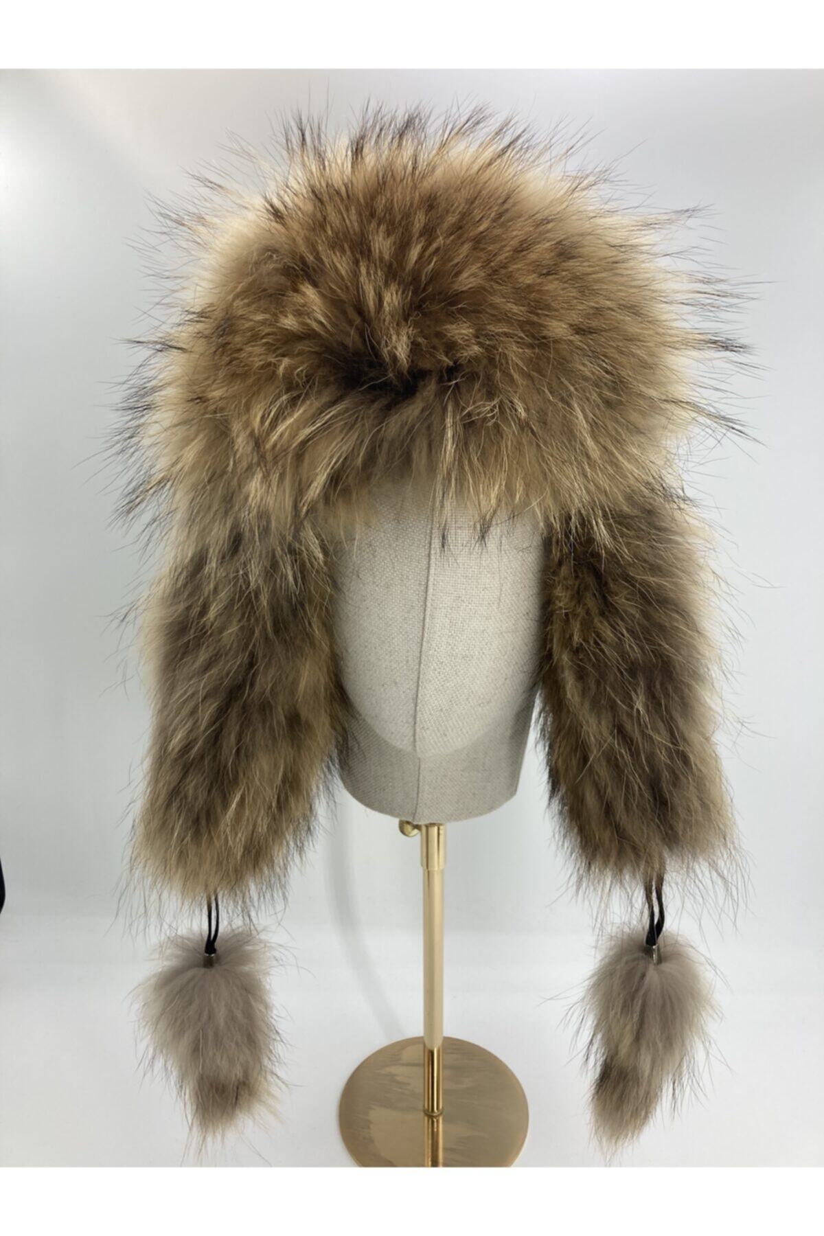 hats designer El Yapımı, Deri Detaylı Kahverengi Rakun Kalpak