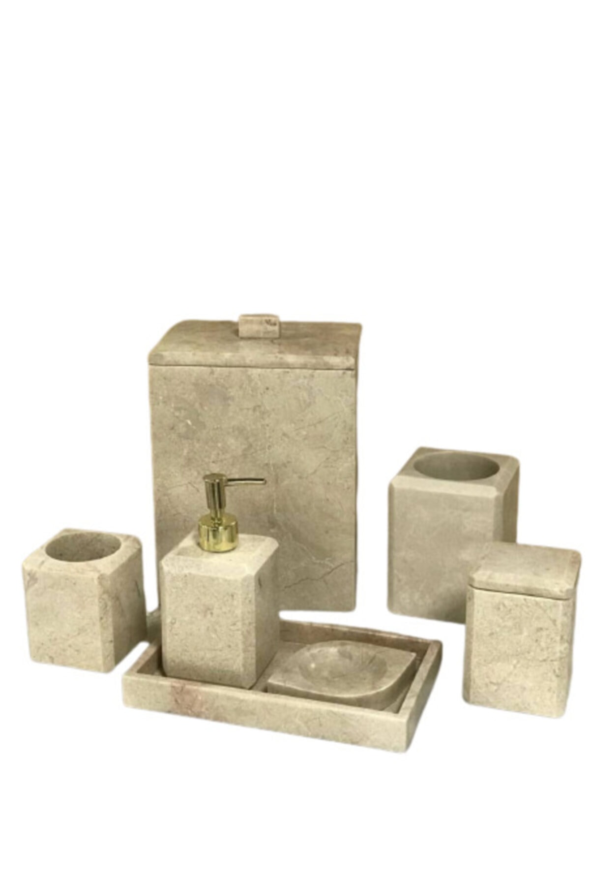 MIARIK DESIGN & DEKORASYON Dekoratif Bej Mermer Düz Kare Gold Detaylı 7 Li Banyo Seti Takımı
