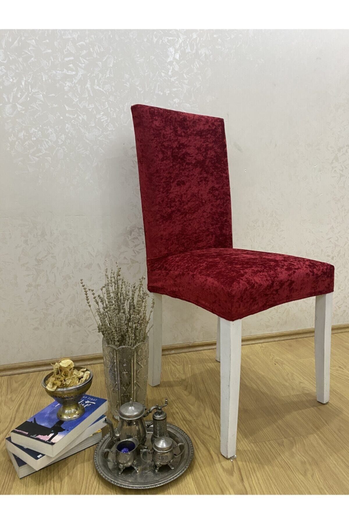 ERGÜL HOME Kırmızı 6'lı Kadife Esnek Sandalye Örtüsü